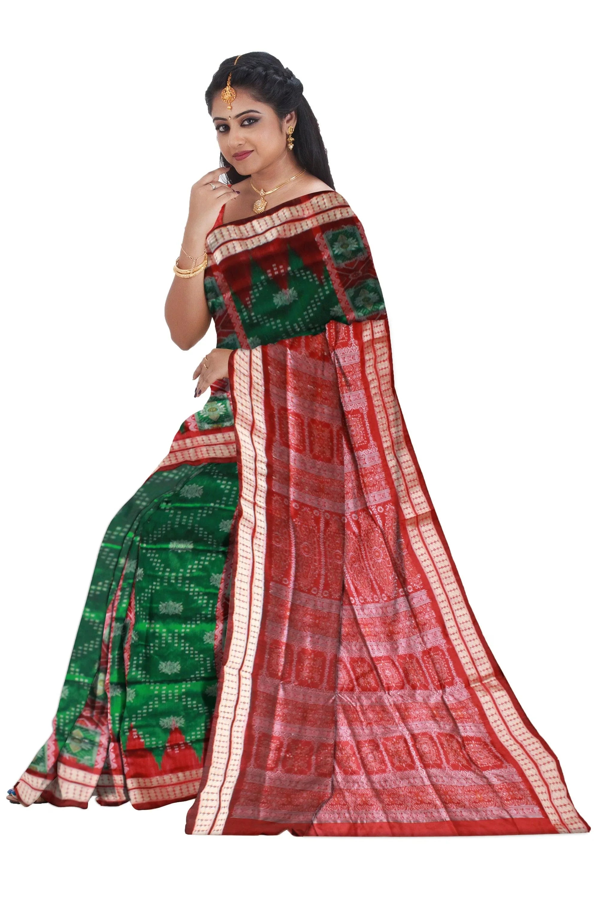 Green color bomkei pata Saree with blouse piece. - Koshali Arts & Crafts Enterprise