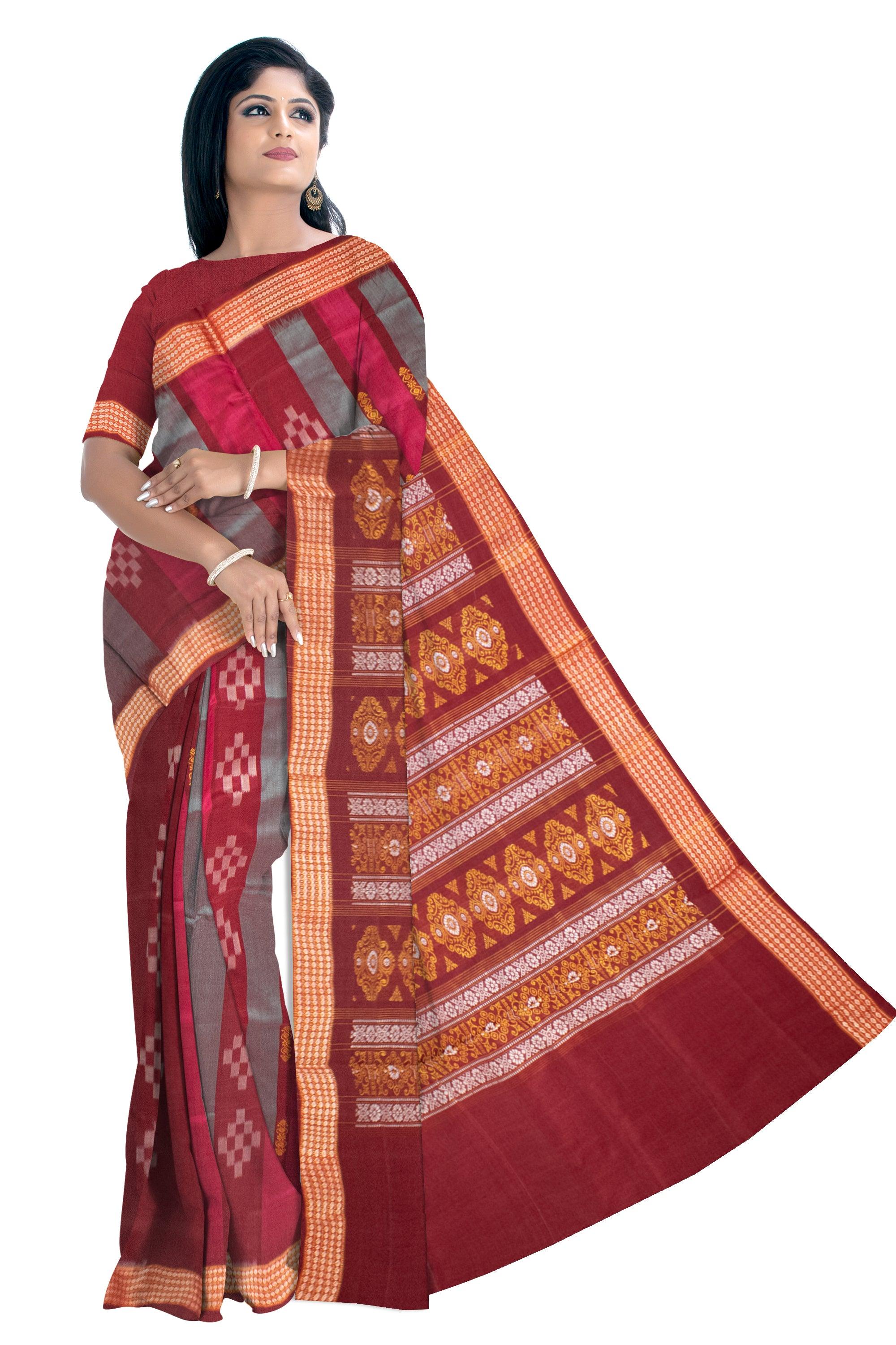 Maroon, Pink and Celestial Blue Color Traditional Sambalpuri bomkei cotton Saree with blouse piece. - Koshali Arts & Crafts Enterprise