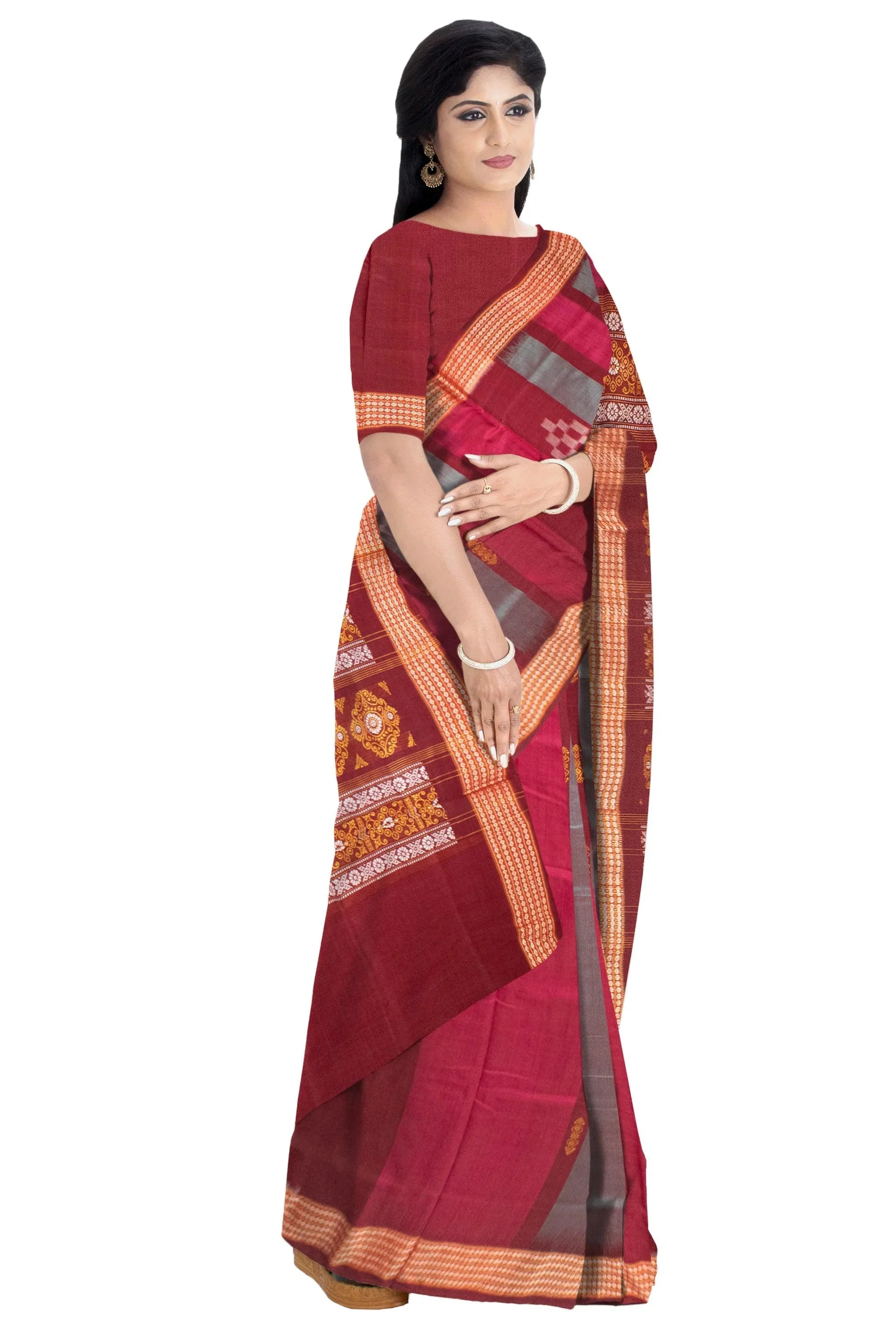 Maroon, Pink and Celestial Blue Color Traditional Sambalpuri bomkei cotton Saree with blouse piece. - Koshali Arts & Crafts Enterprise