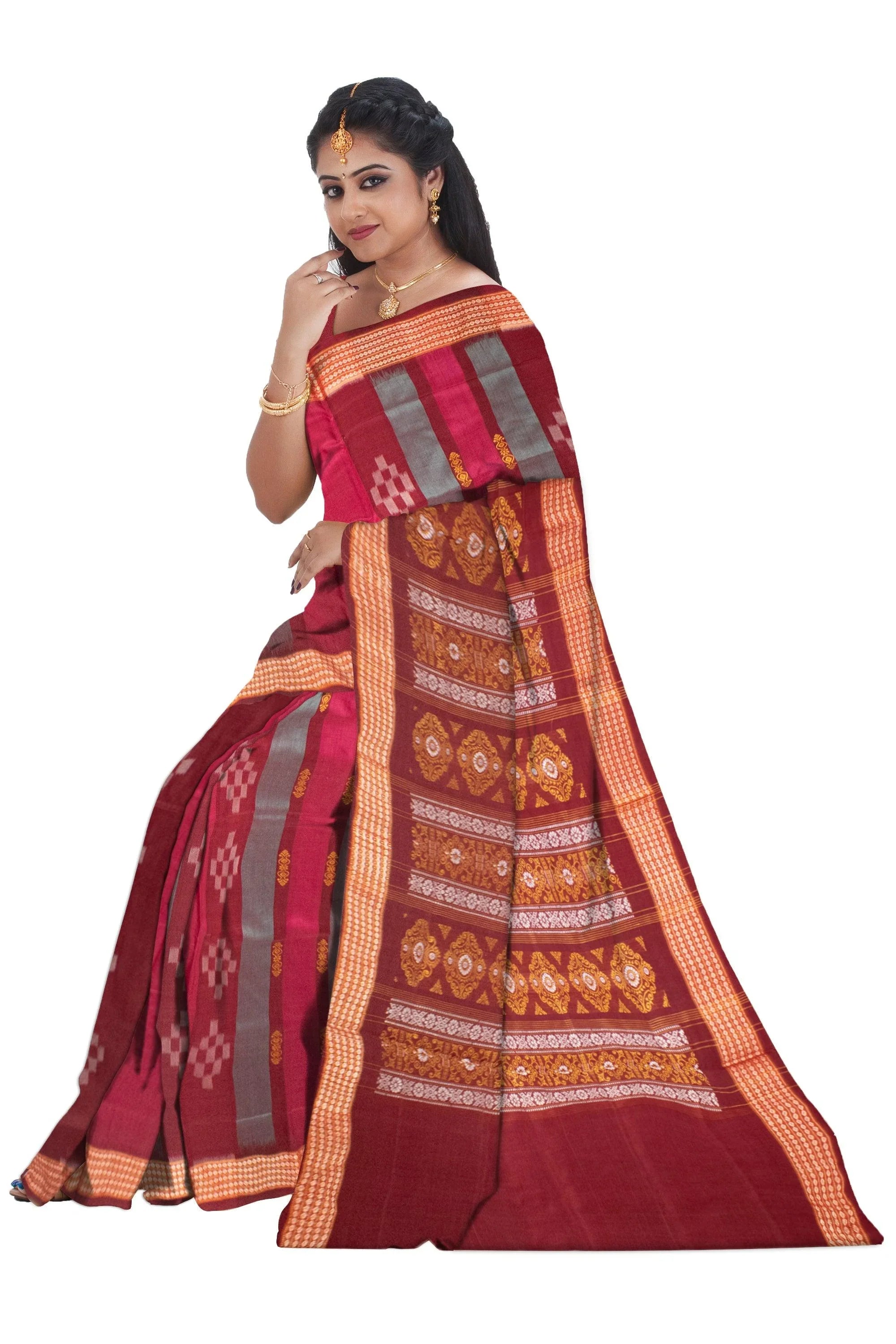 Maroon, Pink and Celestial Blue Color Traditional Sambalpuri bomkei cotton Saree with blouse piece. - Koshali Arts & Crafts Enterprise