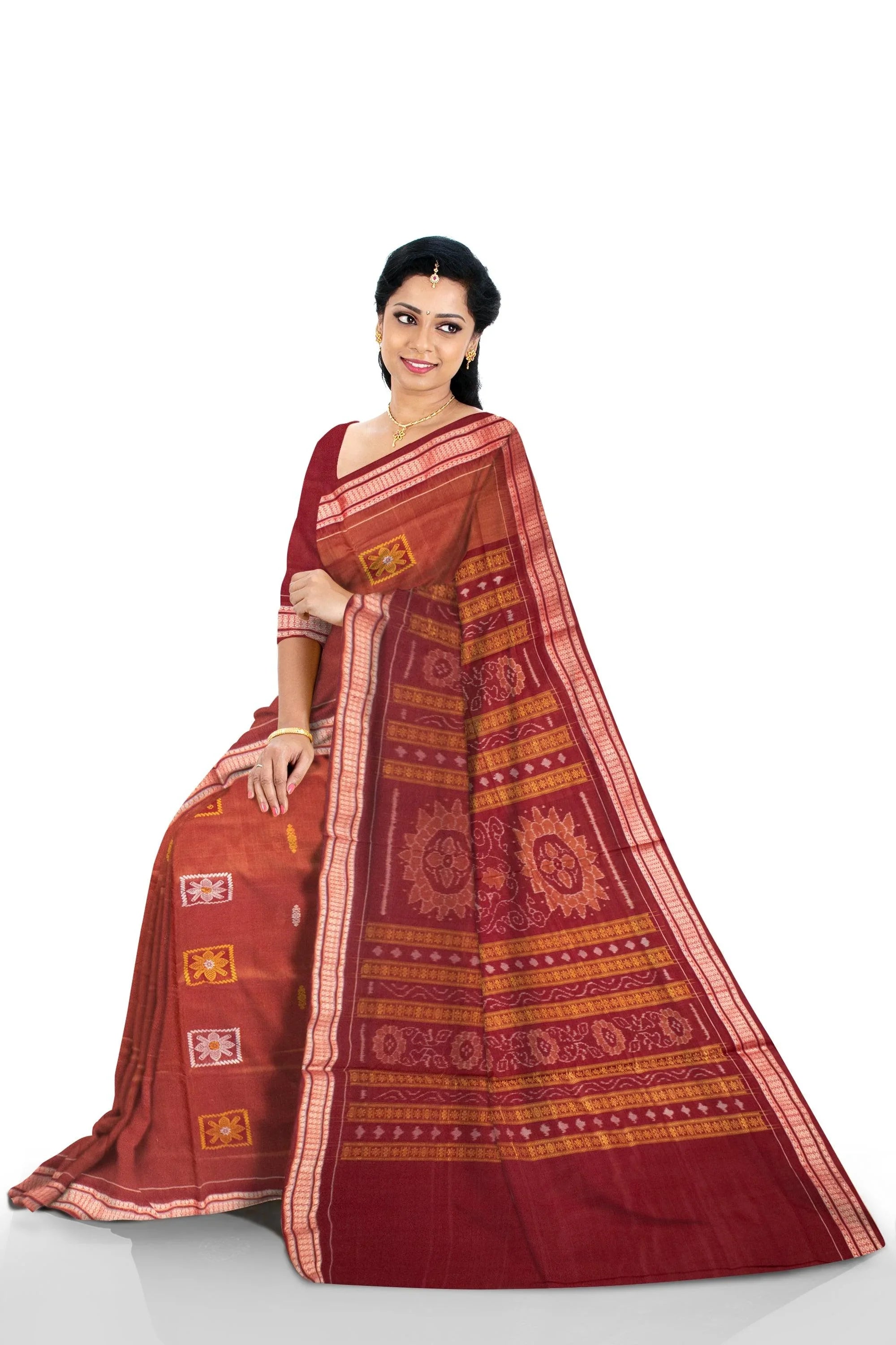 Copper Penny color Sambalpuri Bomkai Cotton Saree in Padam design. - Koshali Arts & Crafts Enterprise