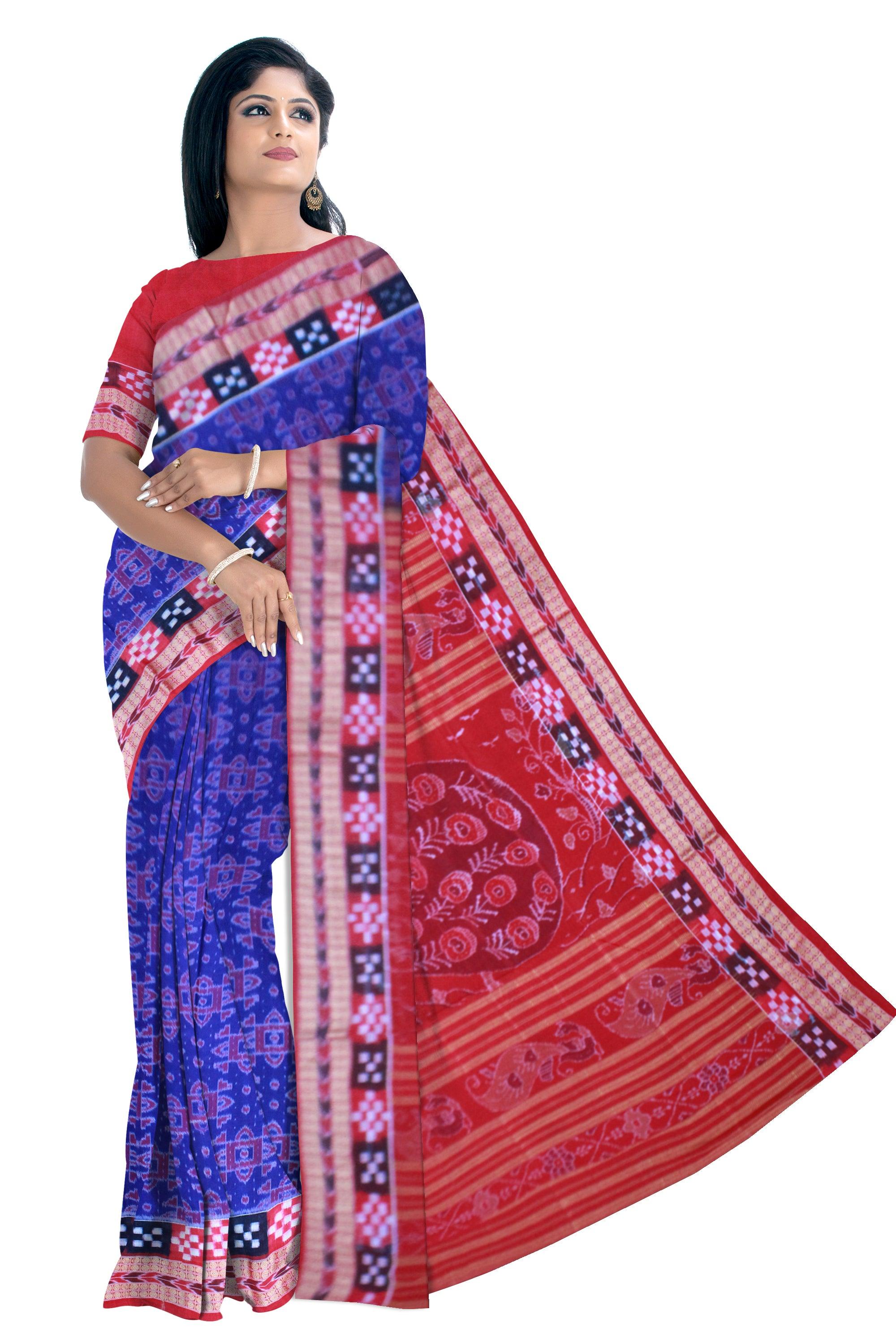 Dhadi sapta design Brandeis blue Sambalpuri cotton Saree with blouse piece. - Koshali Arts & Crafts Enterprise