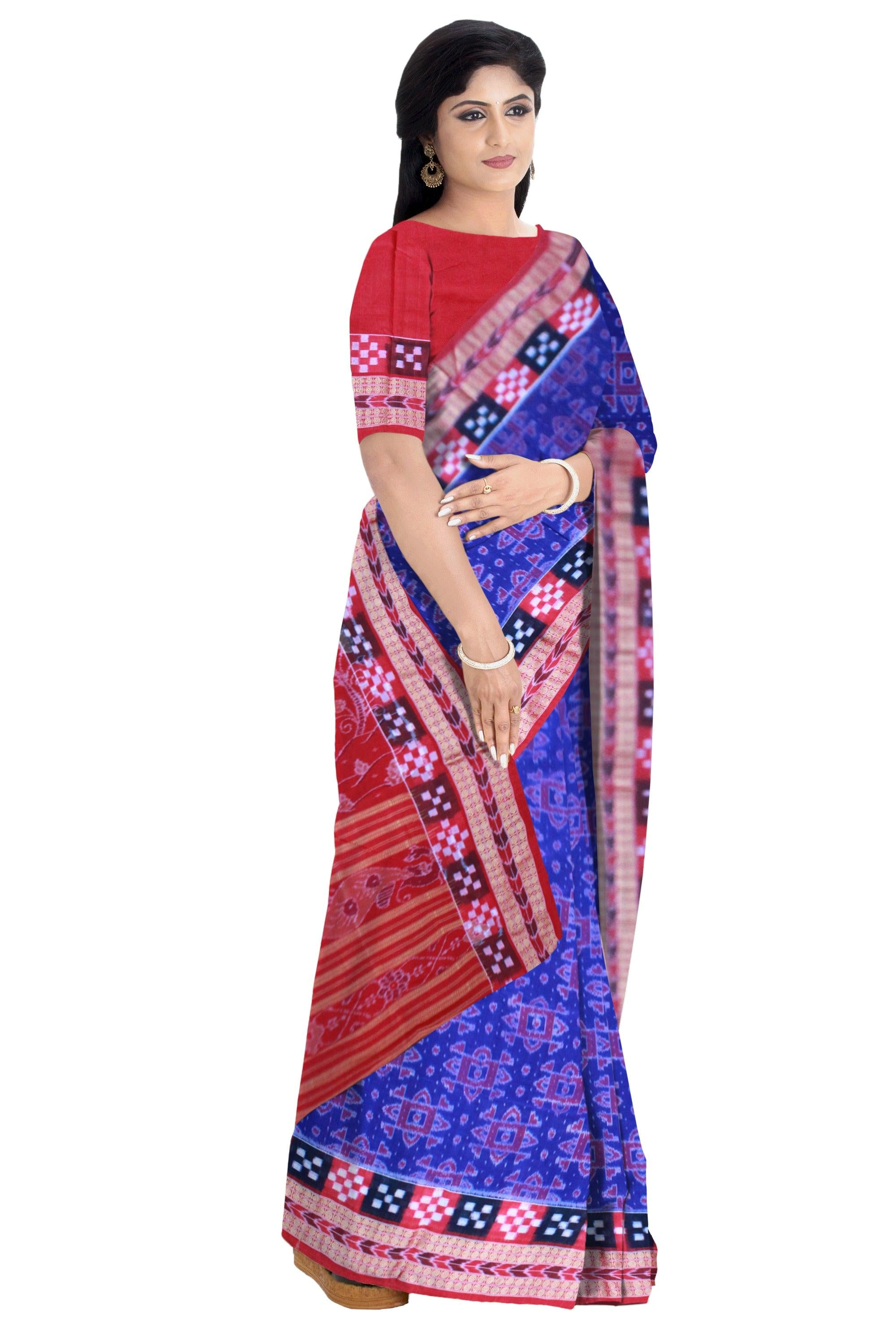 Dhadi sapta design Brandeis blue Sambalpuri cotton Saree with blouse piece. - Koshali Arts & Crafts Enterprise