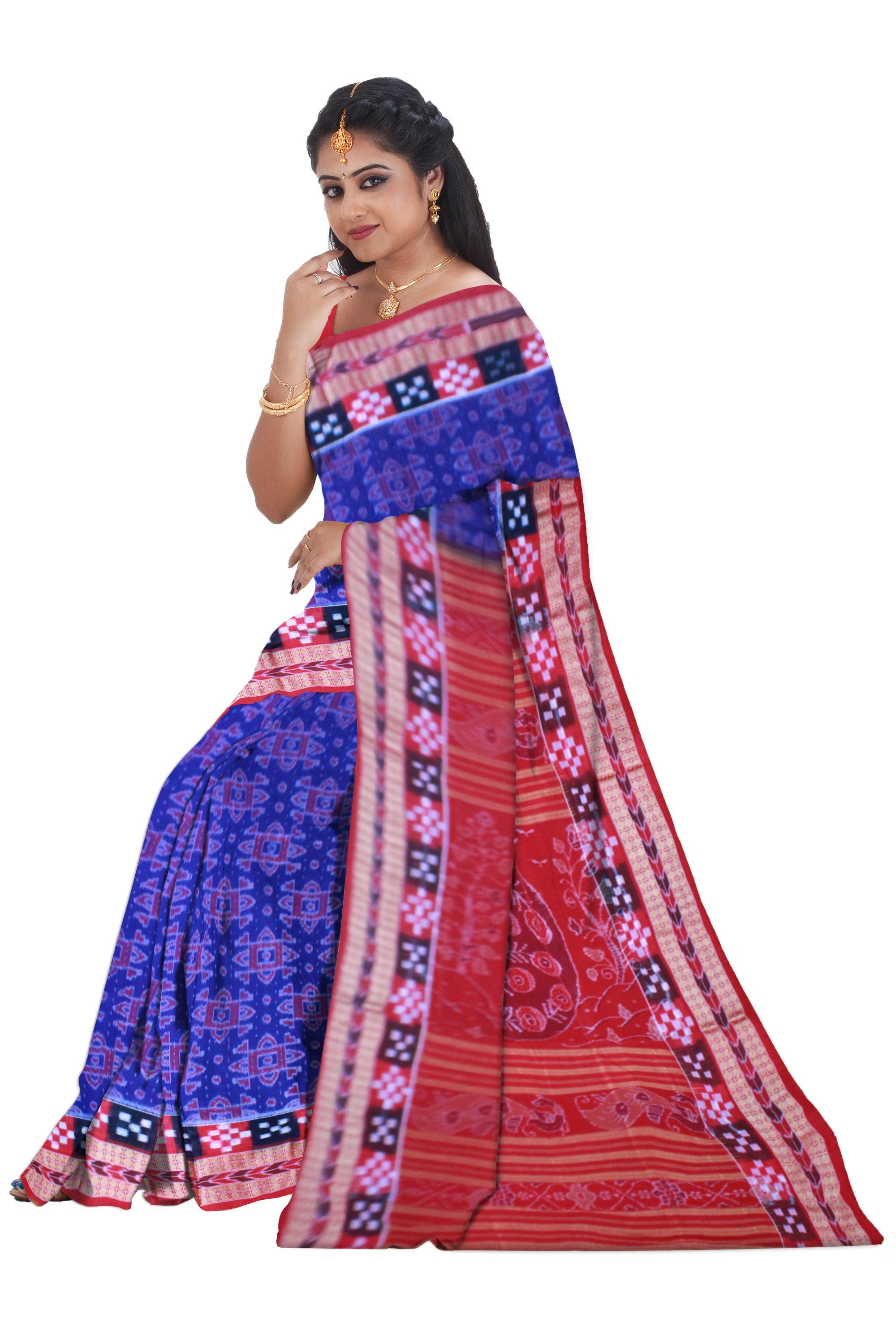 Dhadi sapta design Brandeis blue Sambalpuri cotton Saree with blouse piece. - Koshali Arts & Crafts Enterprise