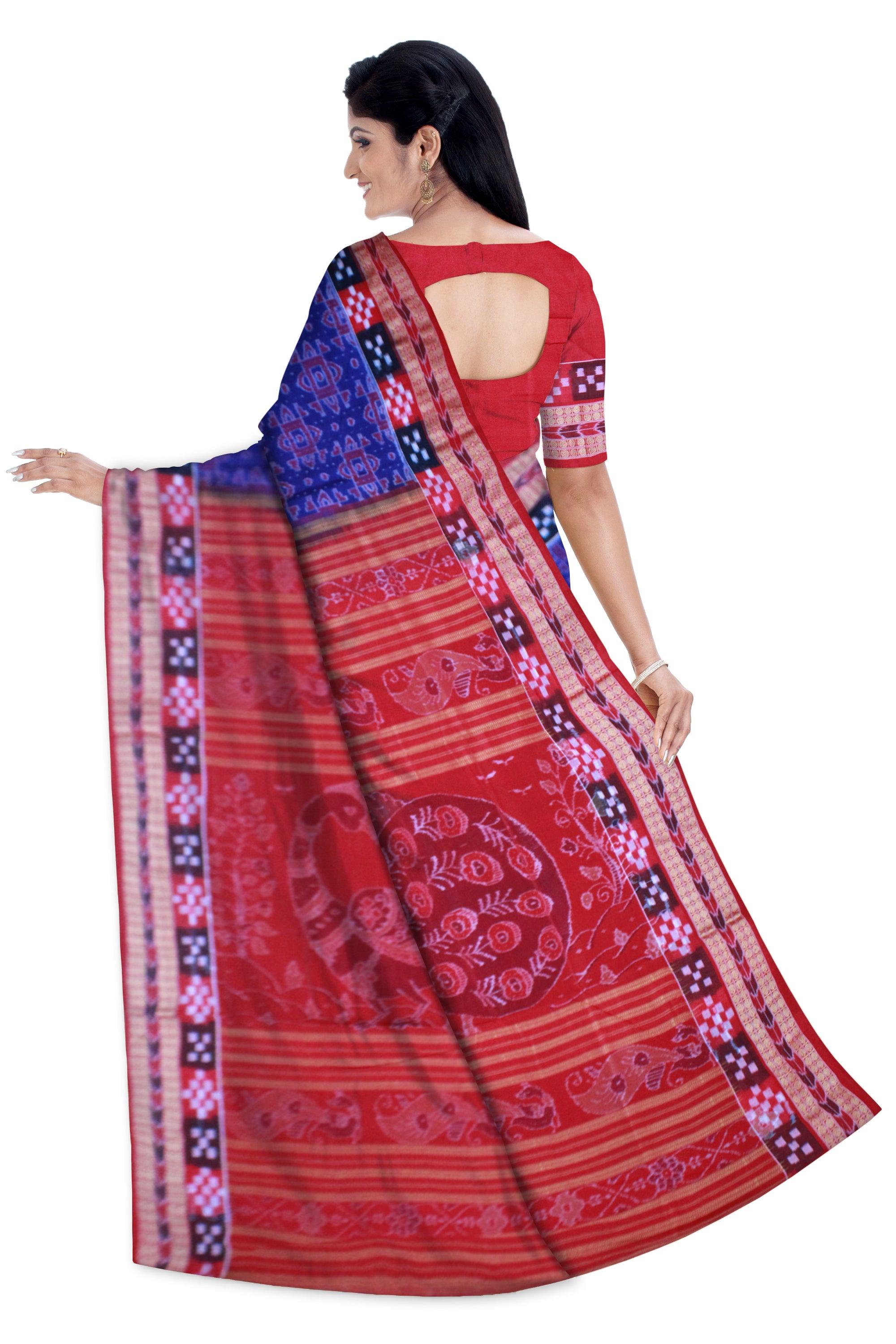 Dhadi sapta design Brandeis blue Sambalpuri cotton Saree with blouse piece. - Koshali Arts & Crafts Enterprise