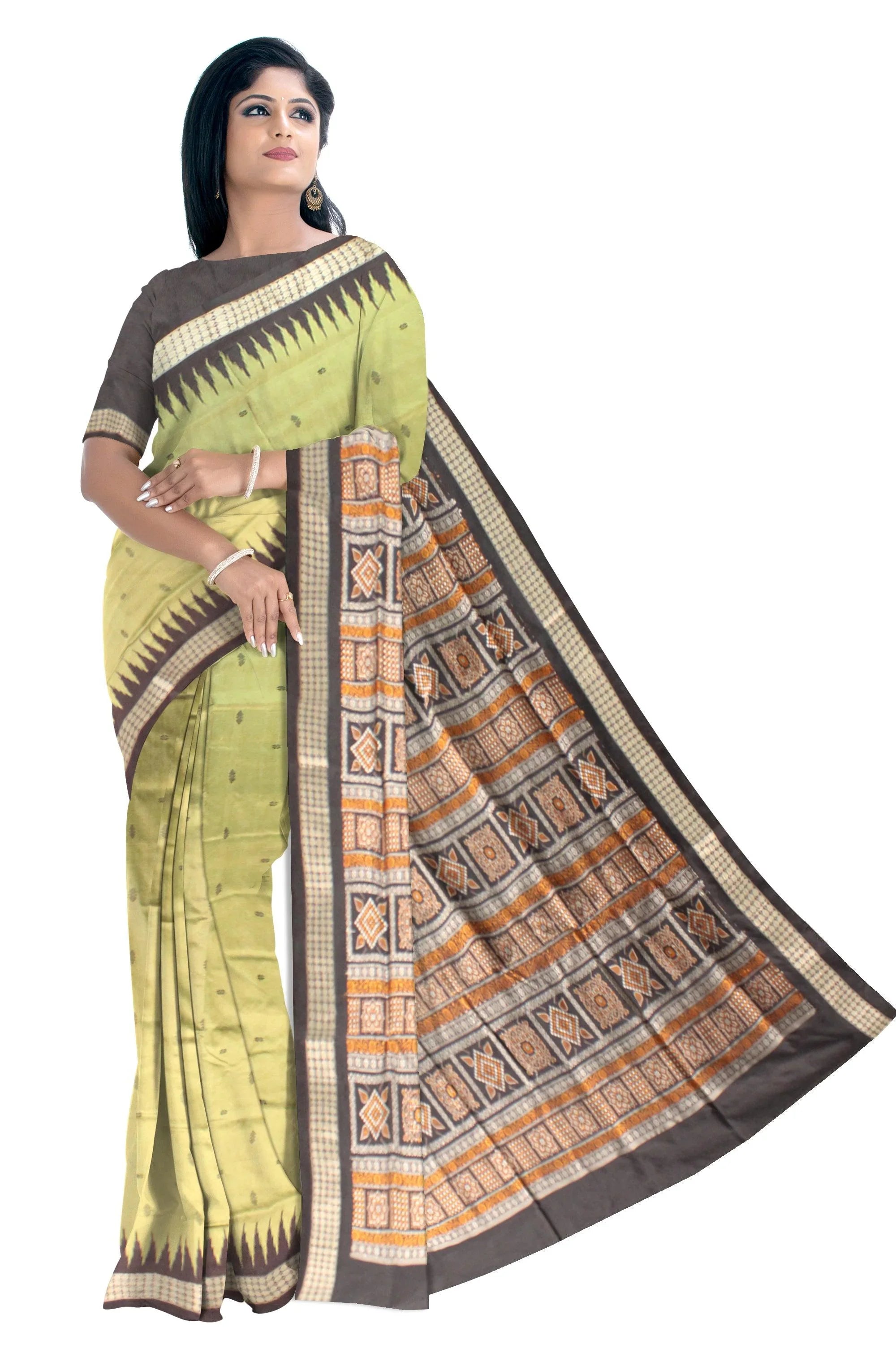 Light Green color Pata Saree with Booty in Body and Black Border Sambalpuri Saree - Koshali Arts & Crafts Enterprise