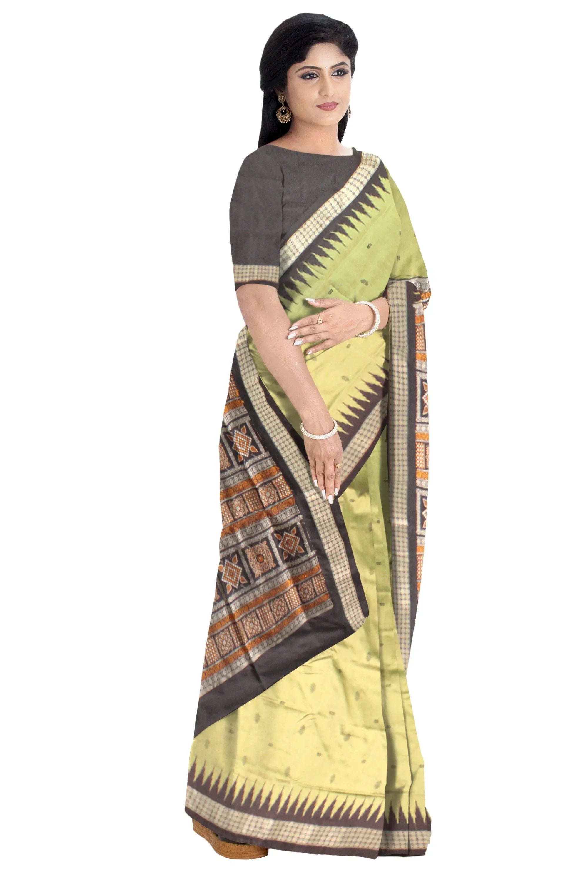 Light Green color Pata Saree with Booty in Body and Black Border Sambalpuri Saree - Koshali Arts & Crafts Enterprise