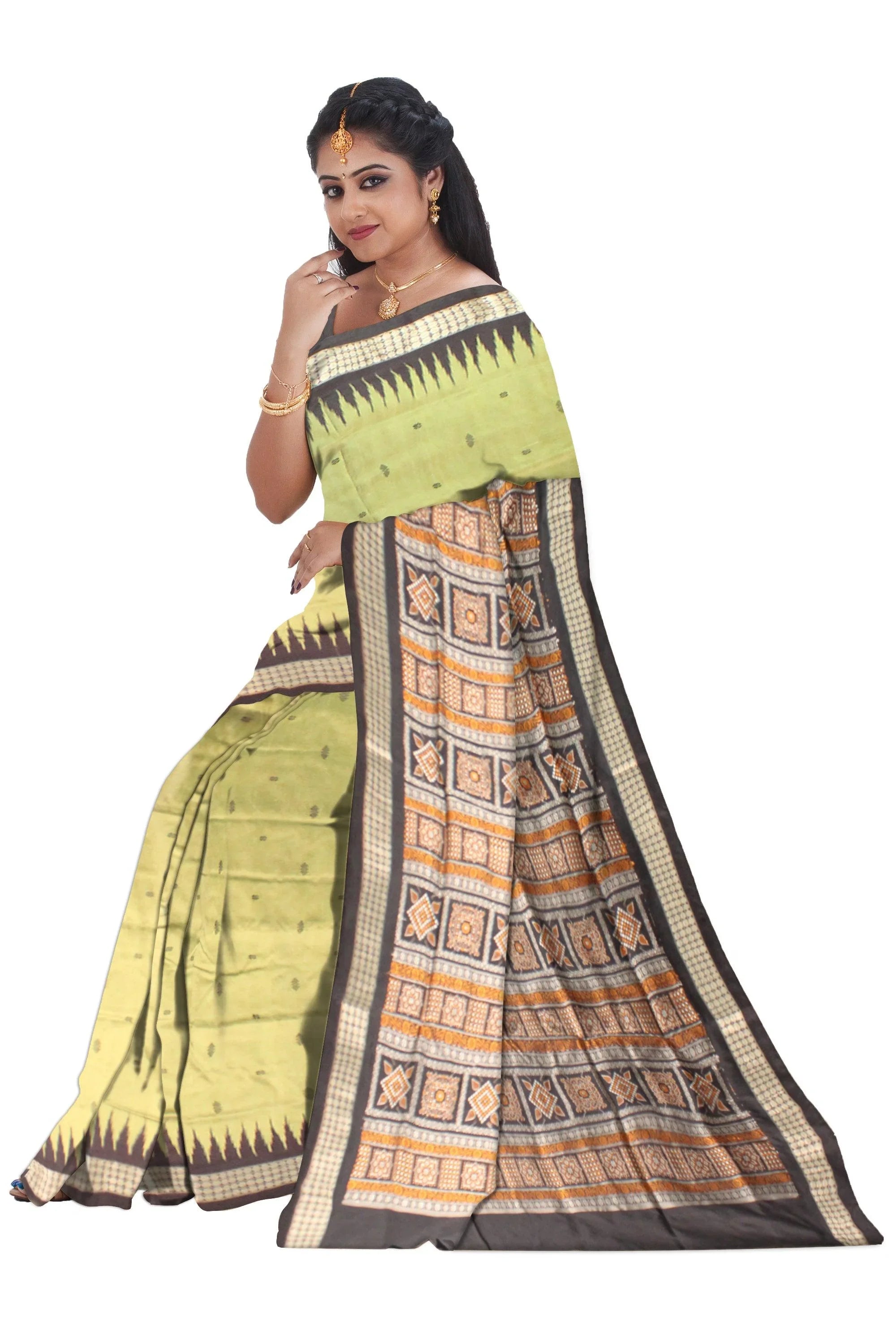 Light Green color Pata Saree with Booty in Body and Black Border Sambalpuri Saree - Koshali Arts & Crafts Enterprise