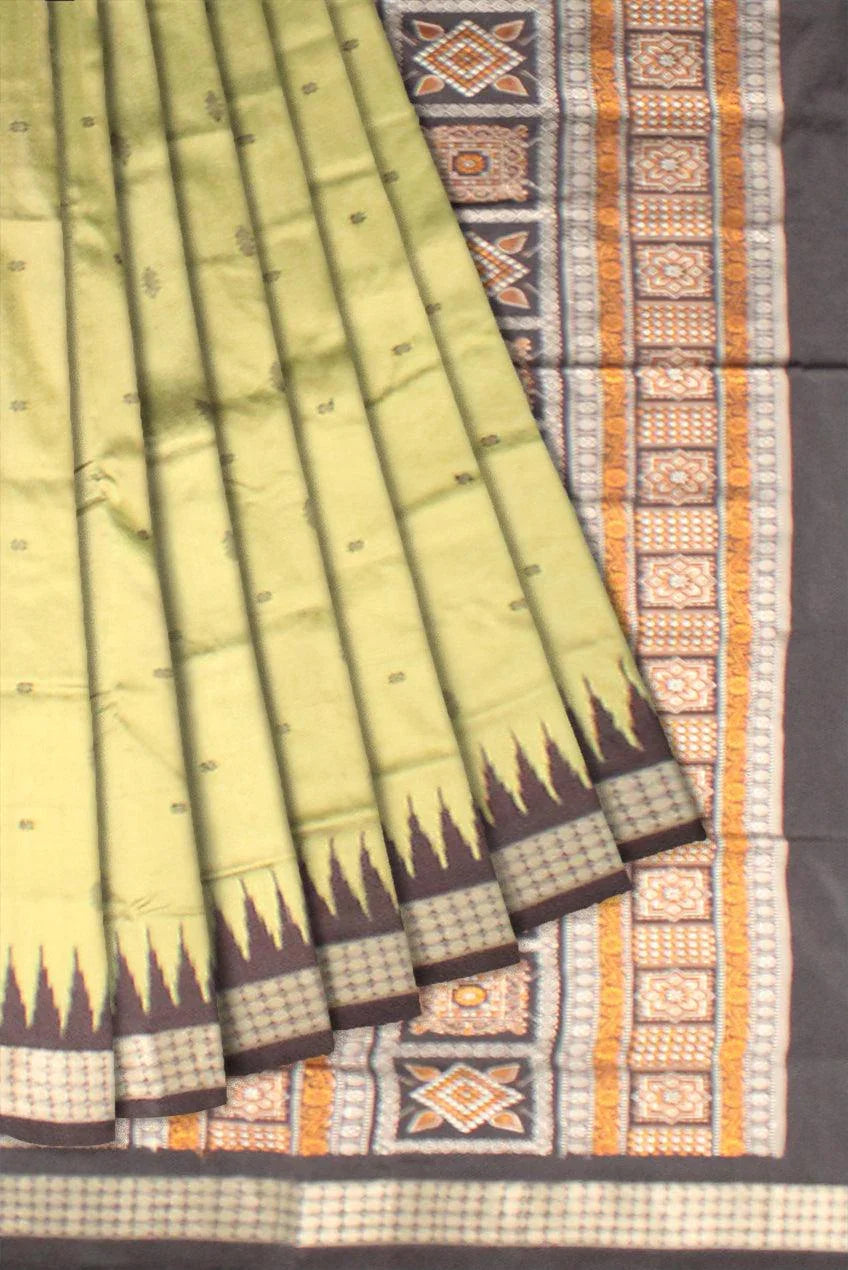 Light Green color Pata Saree with Booty in Body and Black Border Sambalpuri Saree - Koshali Arts & Crafts Enterprise