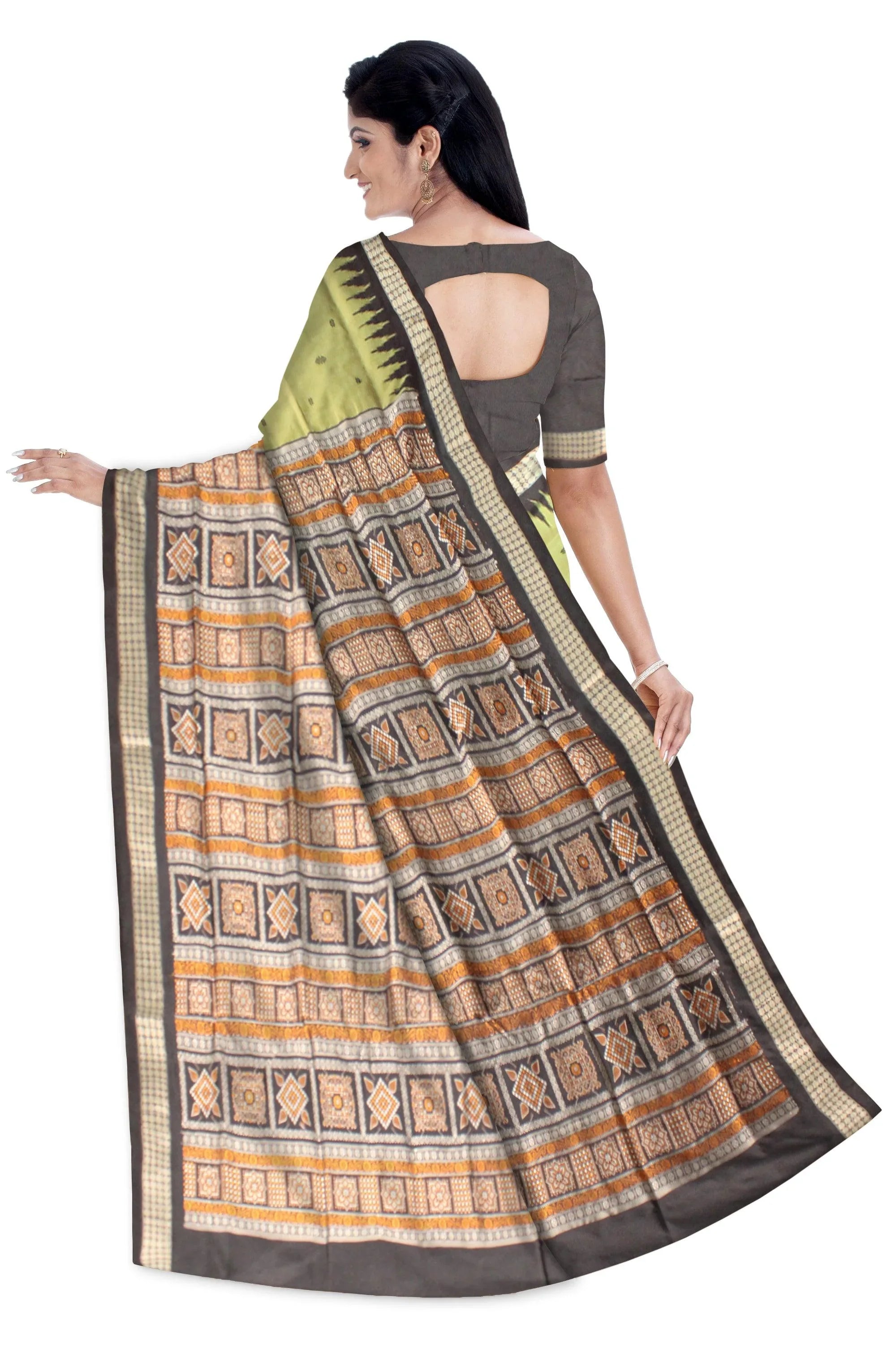 Light Green color Pata Saree with Booty in Body and Black Border Sambalpuri Saree - Koshali Arts & Crafts Enterprise