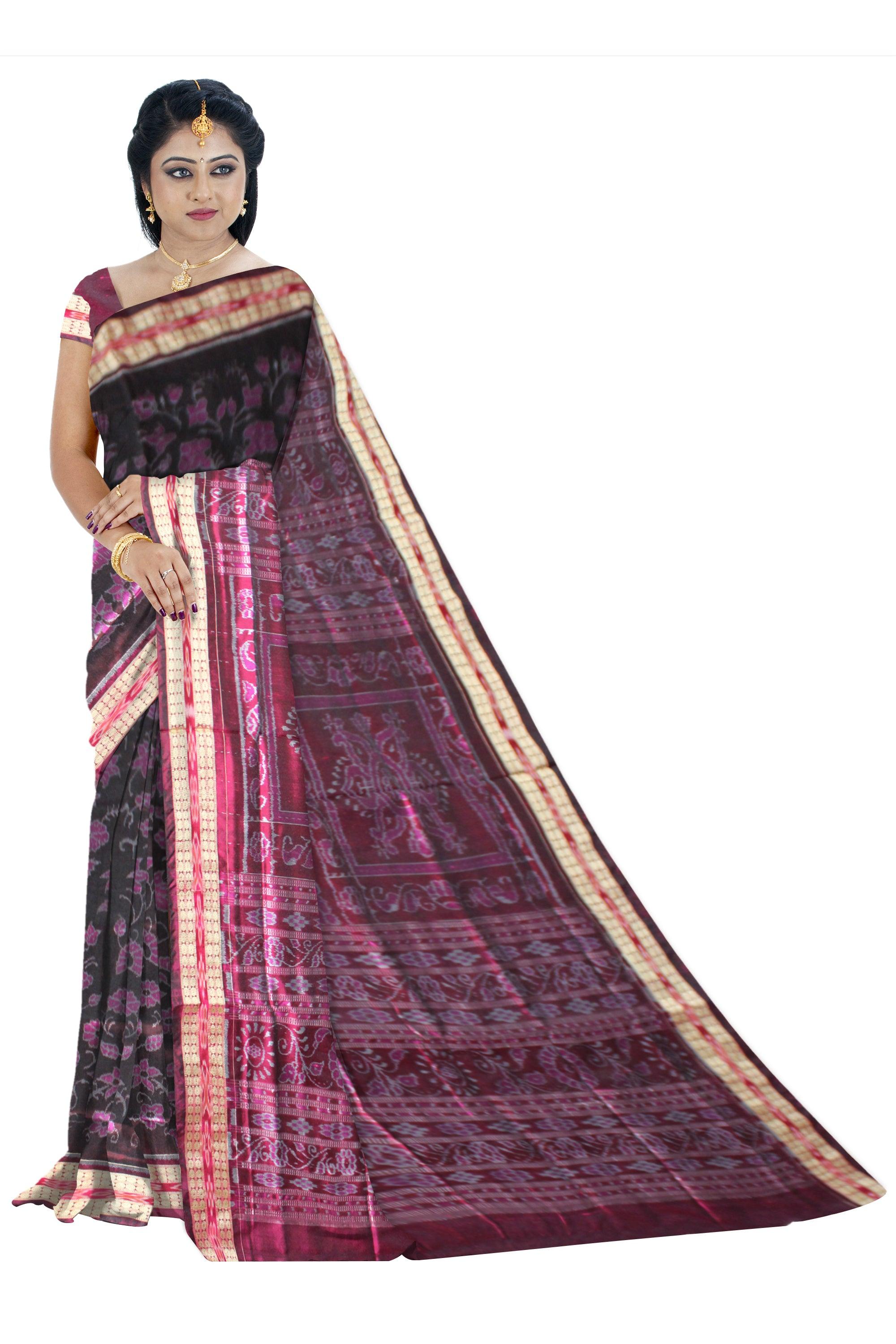 Latest Floral Design Black & Pink Colour Sambalpuri Pata Saree - Koshali Arts & Crafts Enterprise