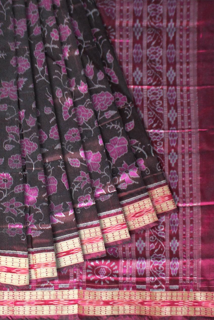 Latest Floral Design Black & Pink Colour Sambalpuri Pata Saree - Koshali Arts & Crafts Enterprise