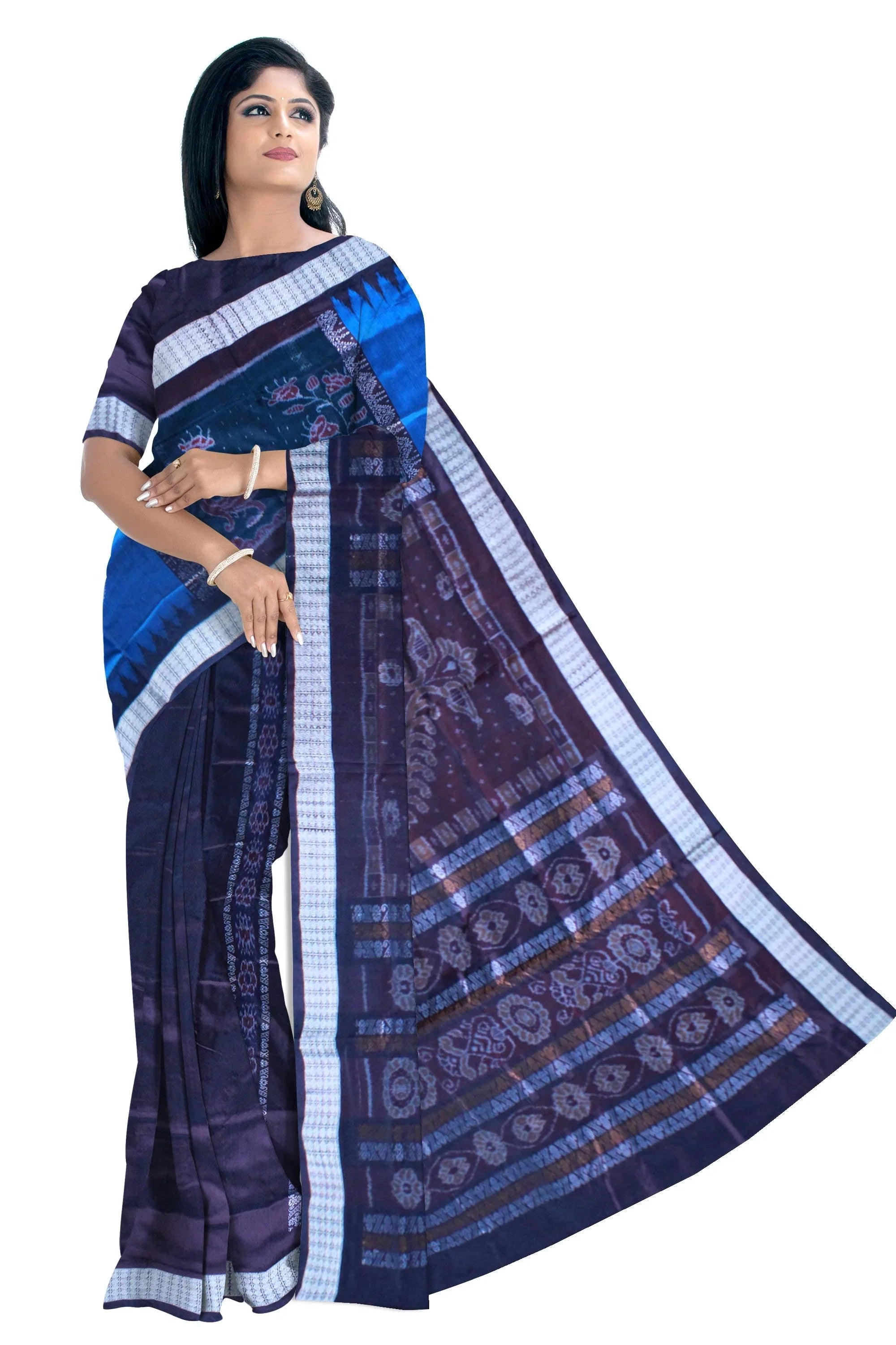 Patli Design Sambalpuri pata Saree in Blue & Black color body in Bomkei Pattern & Flower Design(with Blouse Piece) - Koshali Arts & Crafts Enterprise