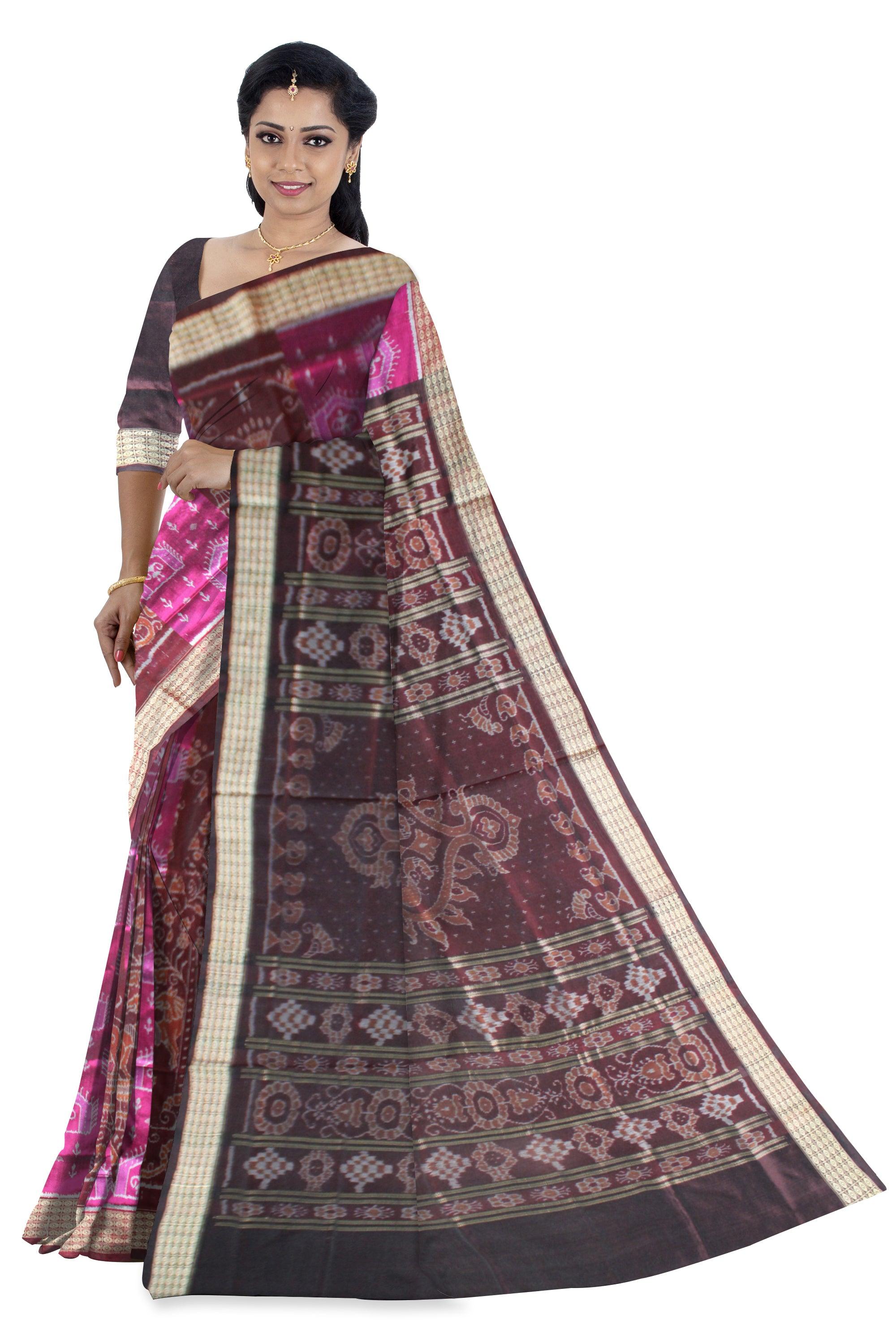 Tribal Art design Pink and Brown Color Sambalpuri Pata Saree - Koshali Arts & Crafts Enterprise