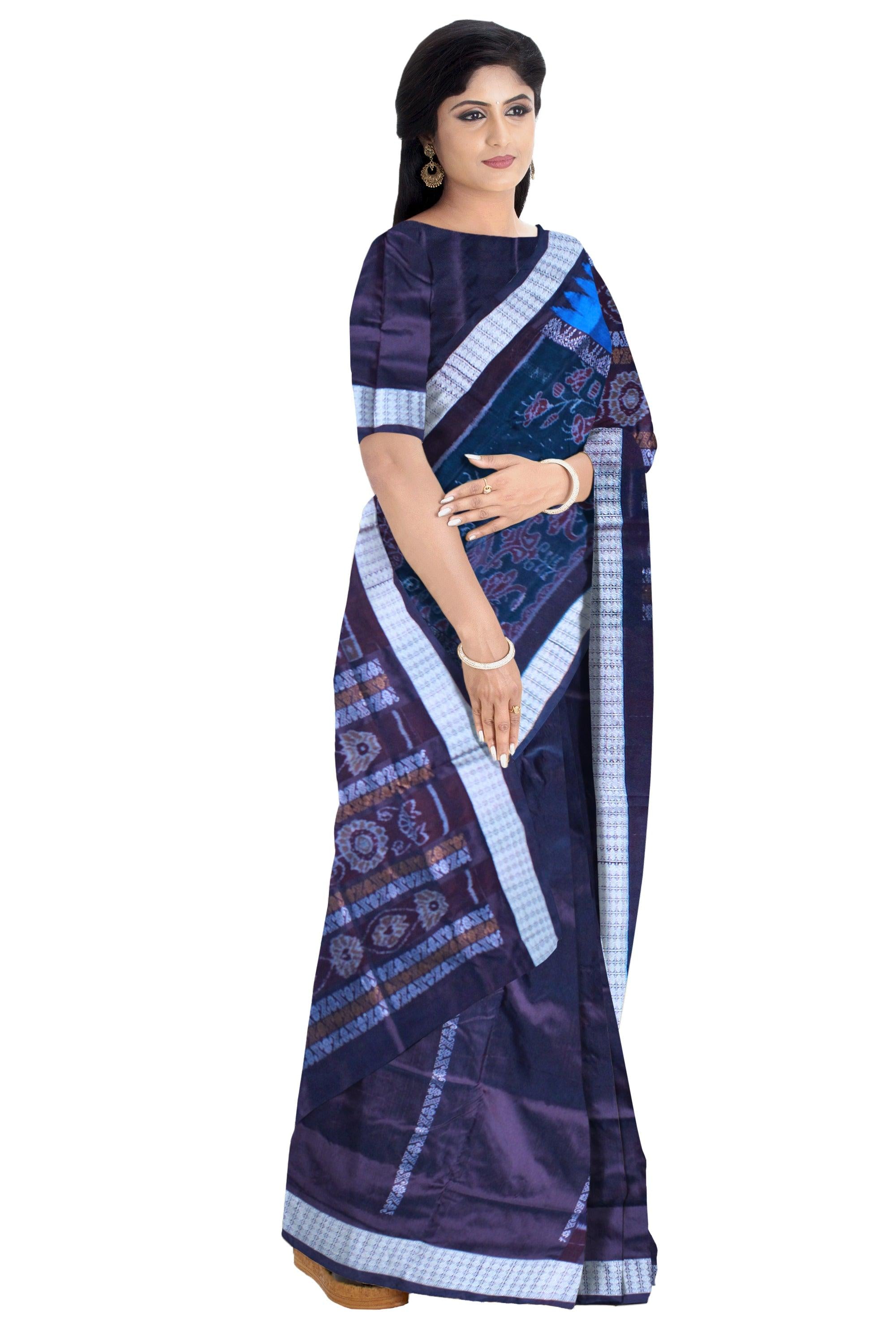 Patli Design Sambalpuri pata Saree in Blue & Black color body in Bomkei Pattern & Flower Design(with Blouse Piece) - Koshali Arts & Crafts Enterprise