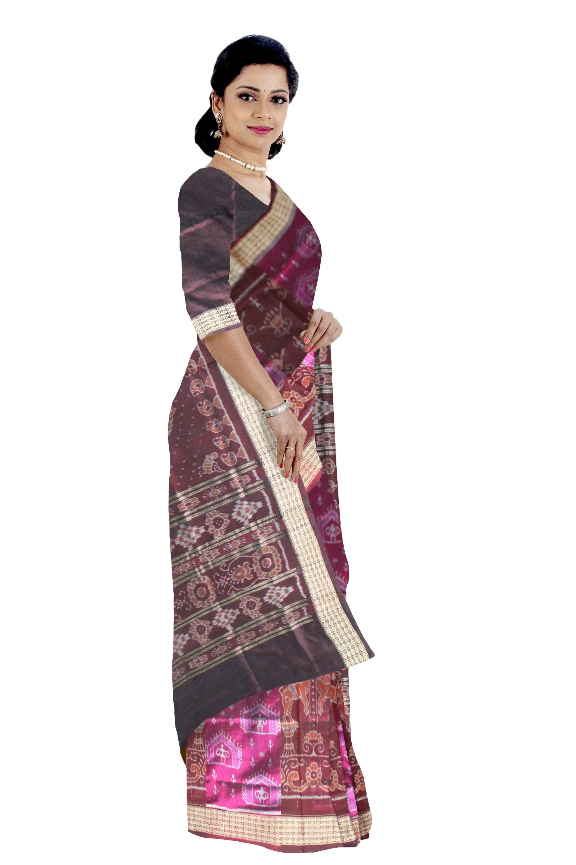 Tribal Art design Pink and Brown Color Sambalpuri Pata Saree - Koshali Arts & Crafts Enterprise