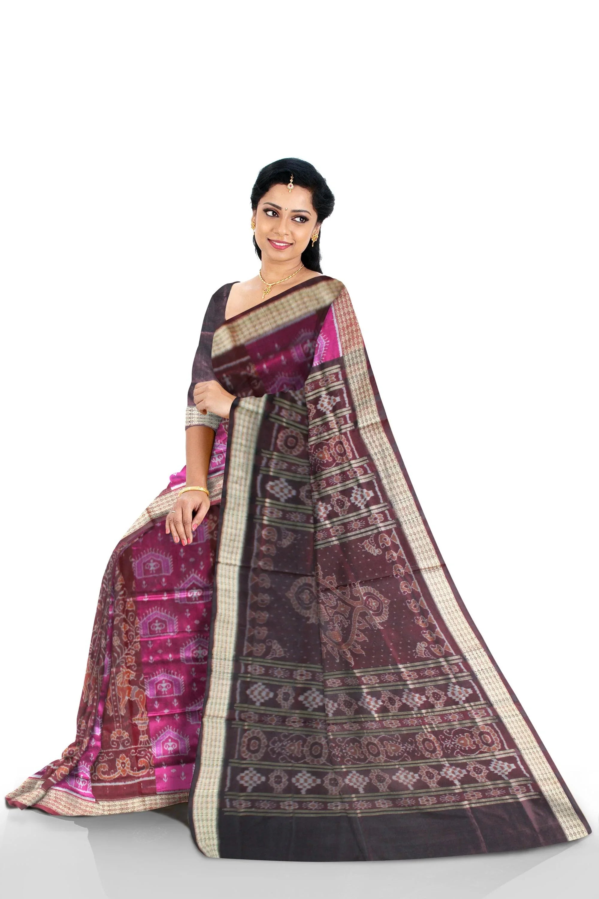 Tribal Art design Pink and Brown Color Sambalpuri Pata Saree - Koshali Arts & Crafts Enterprise