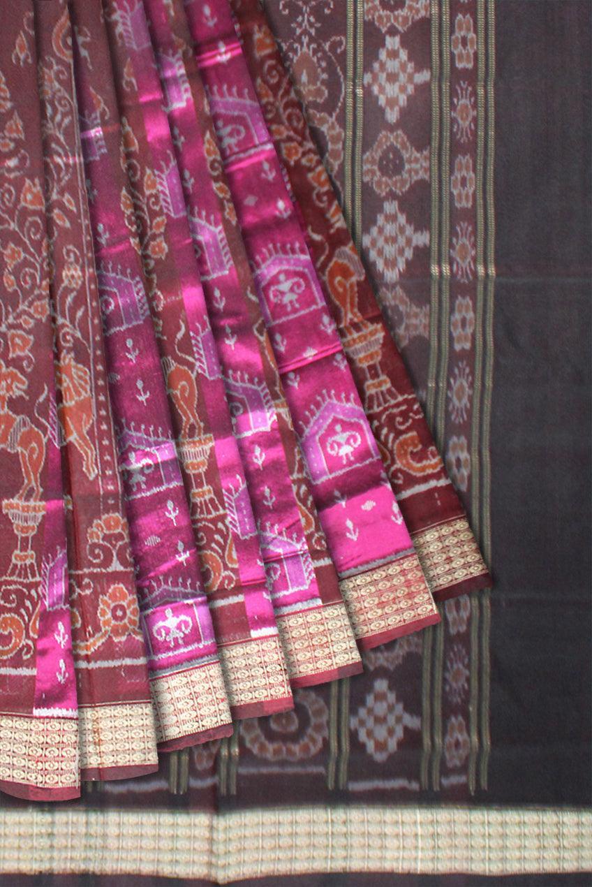 Tribal Art design Pink and Brown Color Sambalpuri Pata Saree - Koshali Arts & Crafts Enterprise