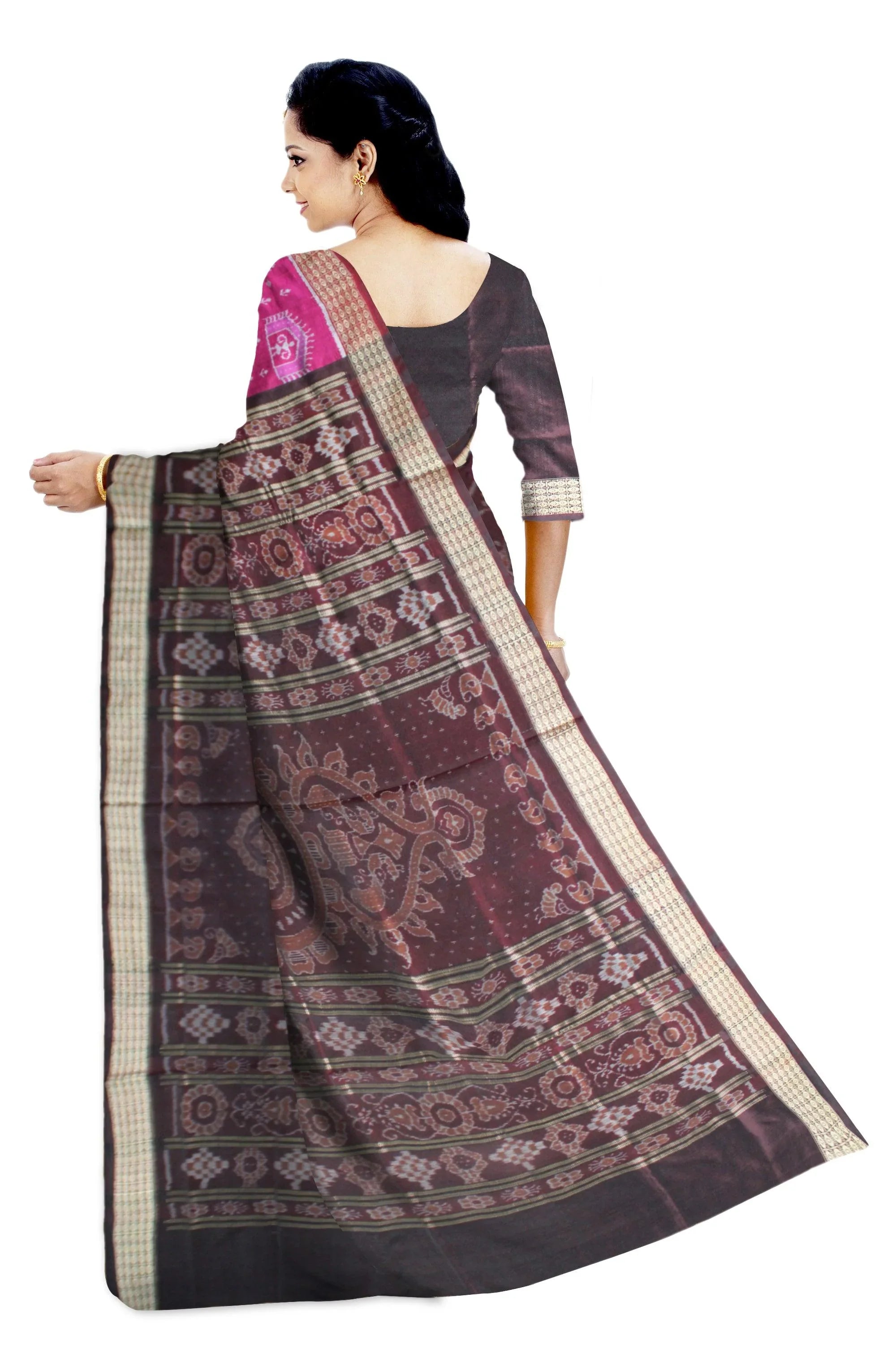 Tribal Art design Pink and Brown Color Sambalpuri Pata Saree - Koshali Arts & Crafts Enterprise