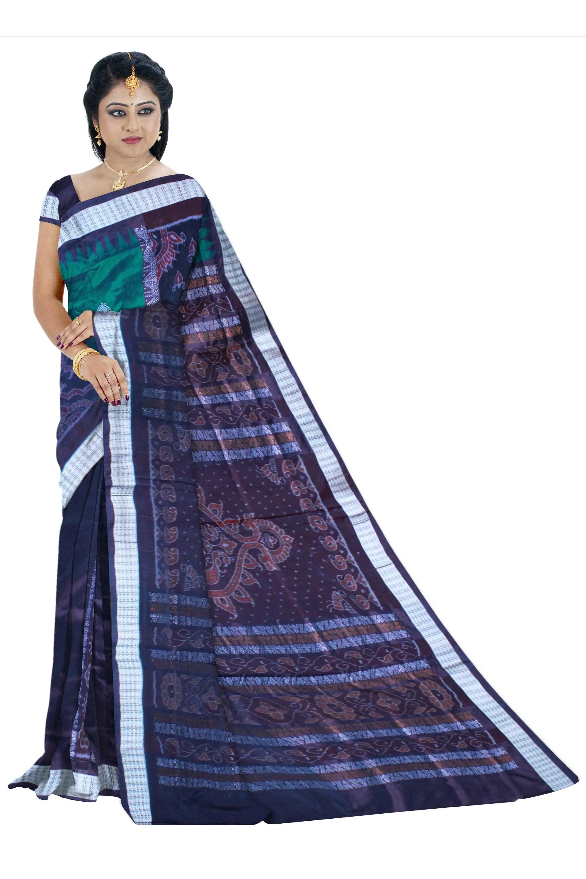 Patli Design Sambalpuri pata Saree in Green & Black color body in Bomkei Pattern & Flower Design(with Blouse Piece) - Koshali Arts & Crafts Enterprise