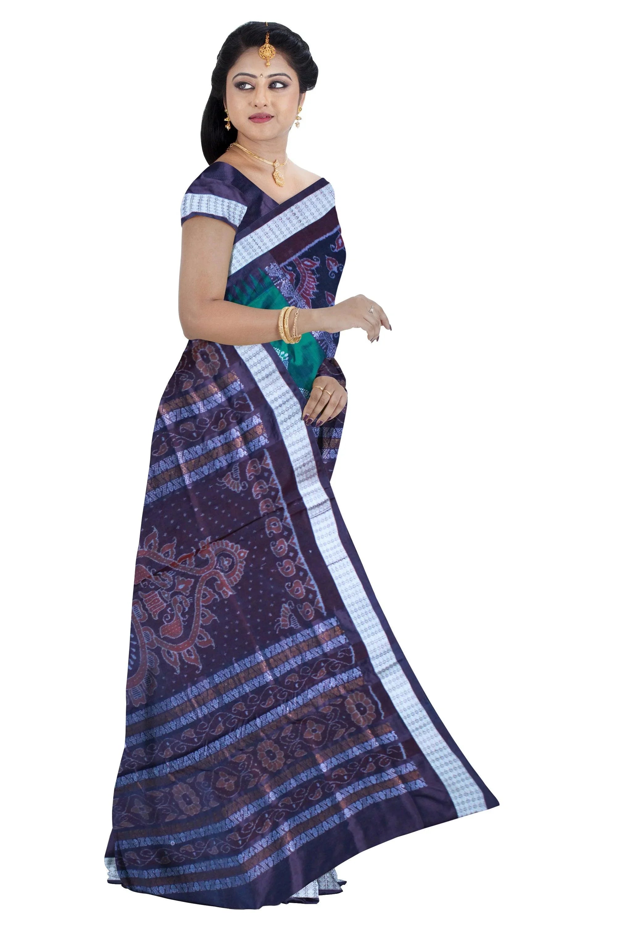 Patli Design Sambalpuri pata Saree in Green & Black color body in Bomkei Pattern & Flower Design(with Blouse Piece) - Koshali Arts & Crafts Enterprise