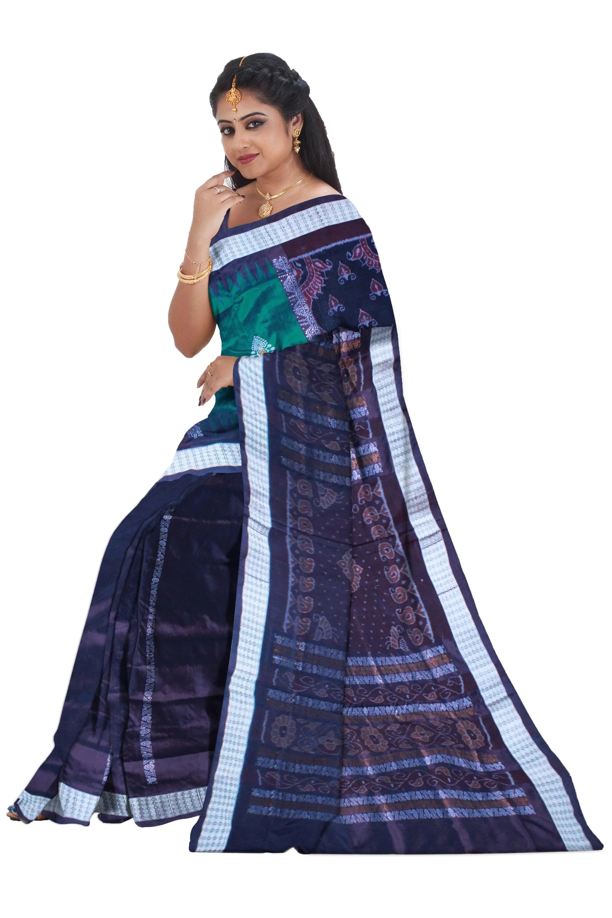Patli Design Sambalpuri pata Saree in Green & Black color body in Bomkei Pattern & Flower Design(with Blouse Piece) - Koshali Arts & Crafts Enterprise