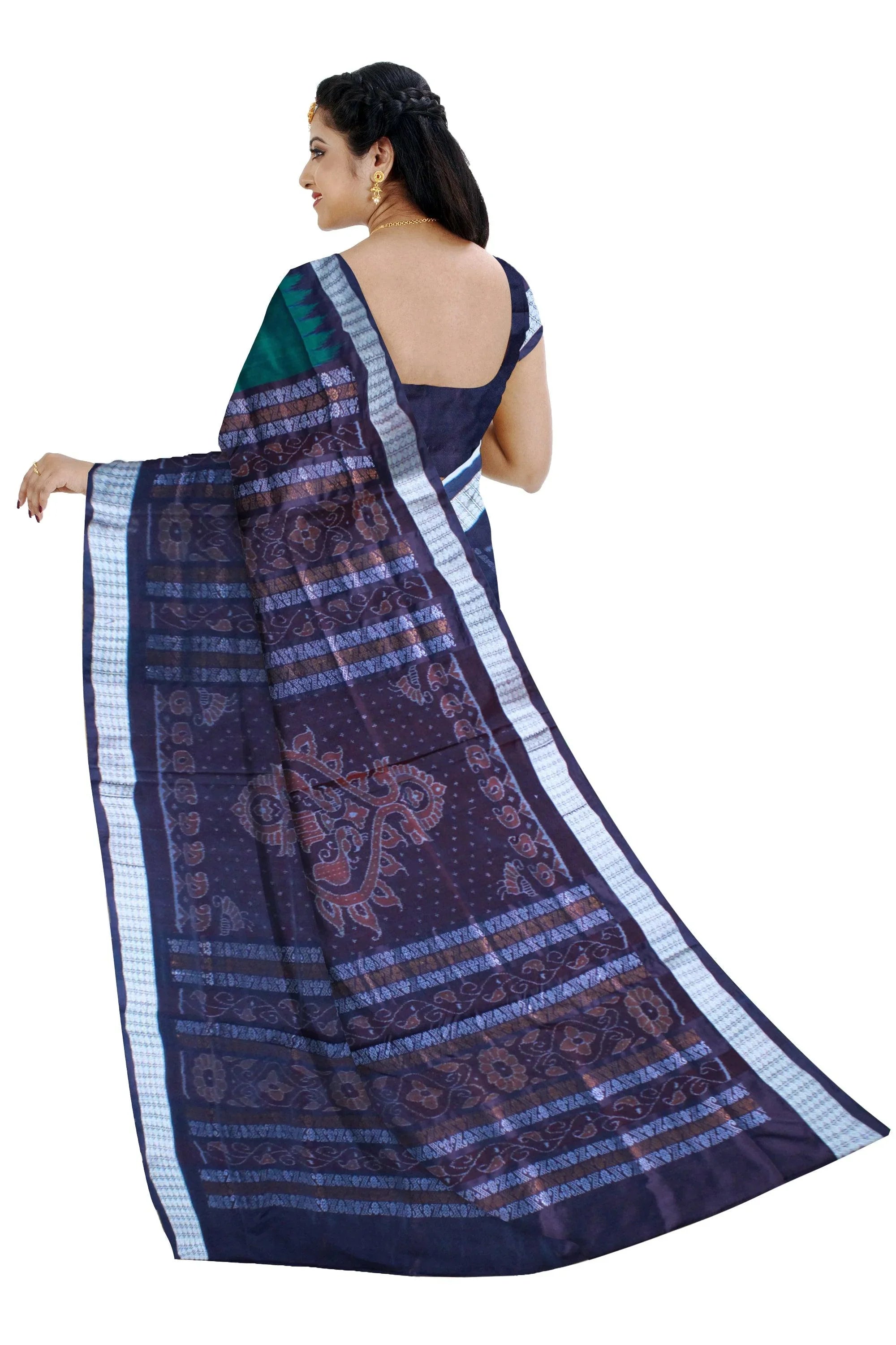 Patli Design Sambalpuri pata Saree in Green & Black color body in Bomkei Pattern & Flower Design(with Blouse Piece) - Koshali Arts & Crafts Enterprise
