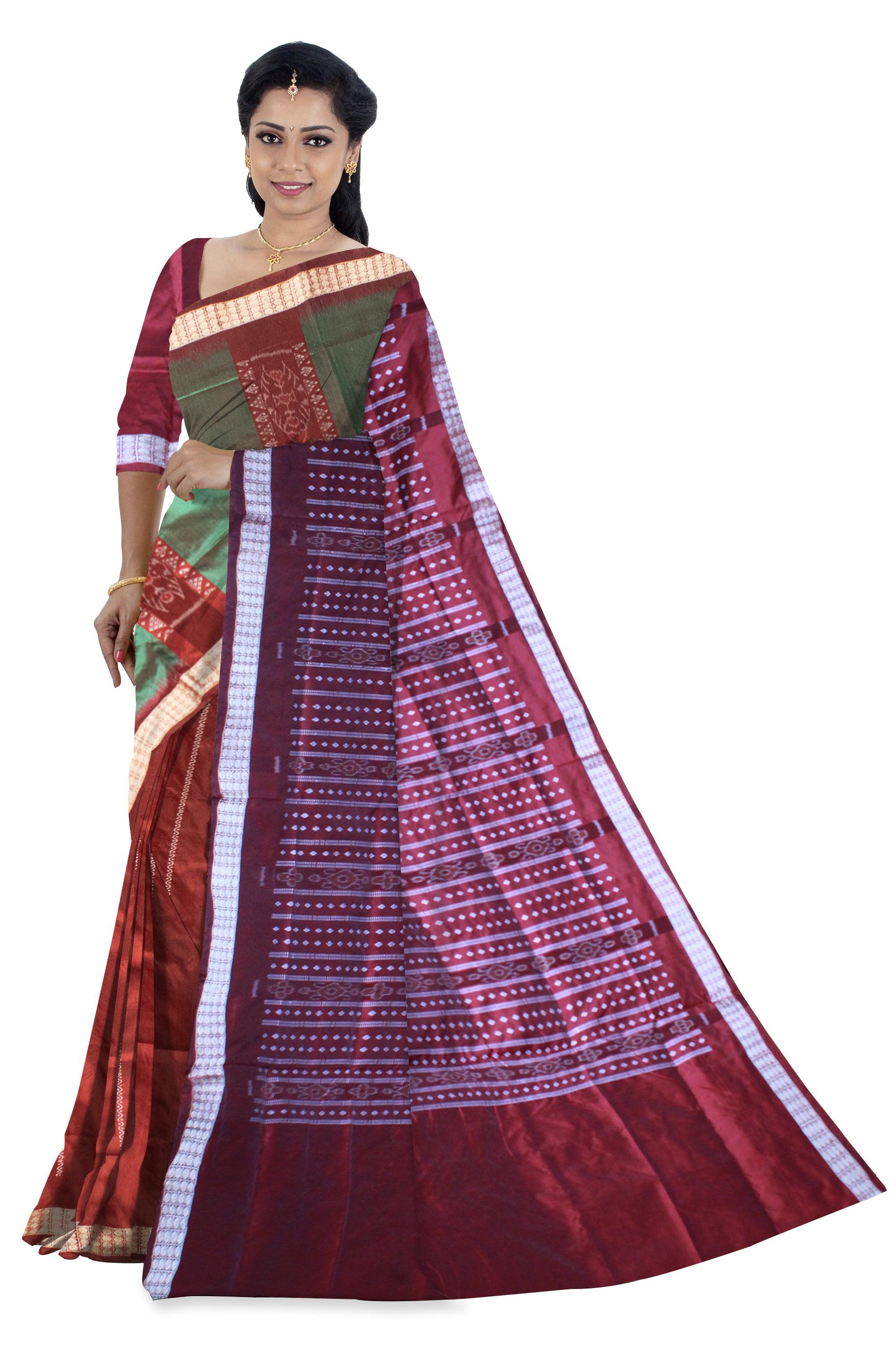 Patli Design Sambalpuri pata Saree in Green & Maroon color body in Bomkei Pattern & Flower Design(with Blouse Piece) - Koshali Arts & Crafts Enterprise