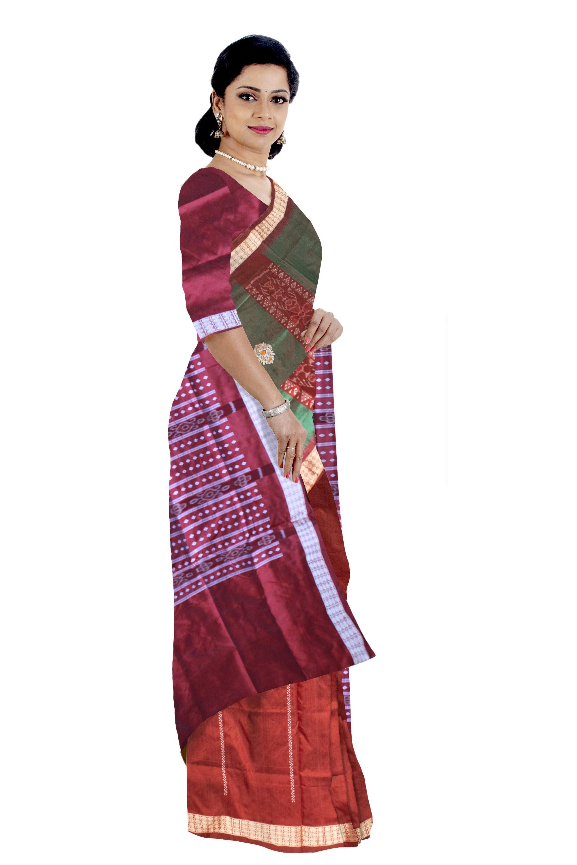 Patli Design Sambalpuri pata Saree in Green & Maroon color body in Bomkei Pattern & Flower Design(with Blouse Piece) - Koshali Arts & Crafts Enterprise