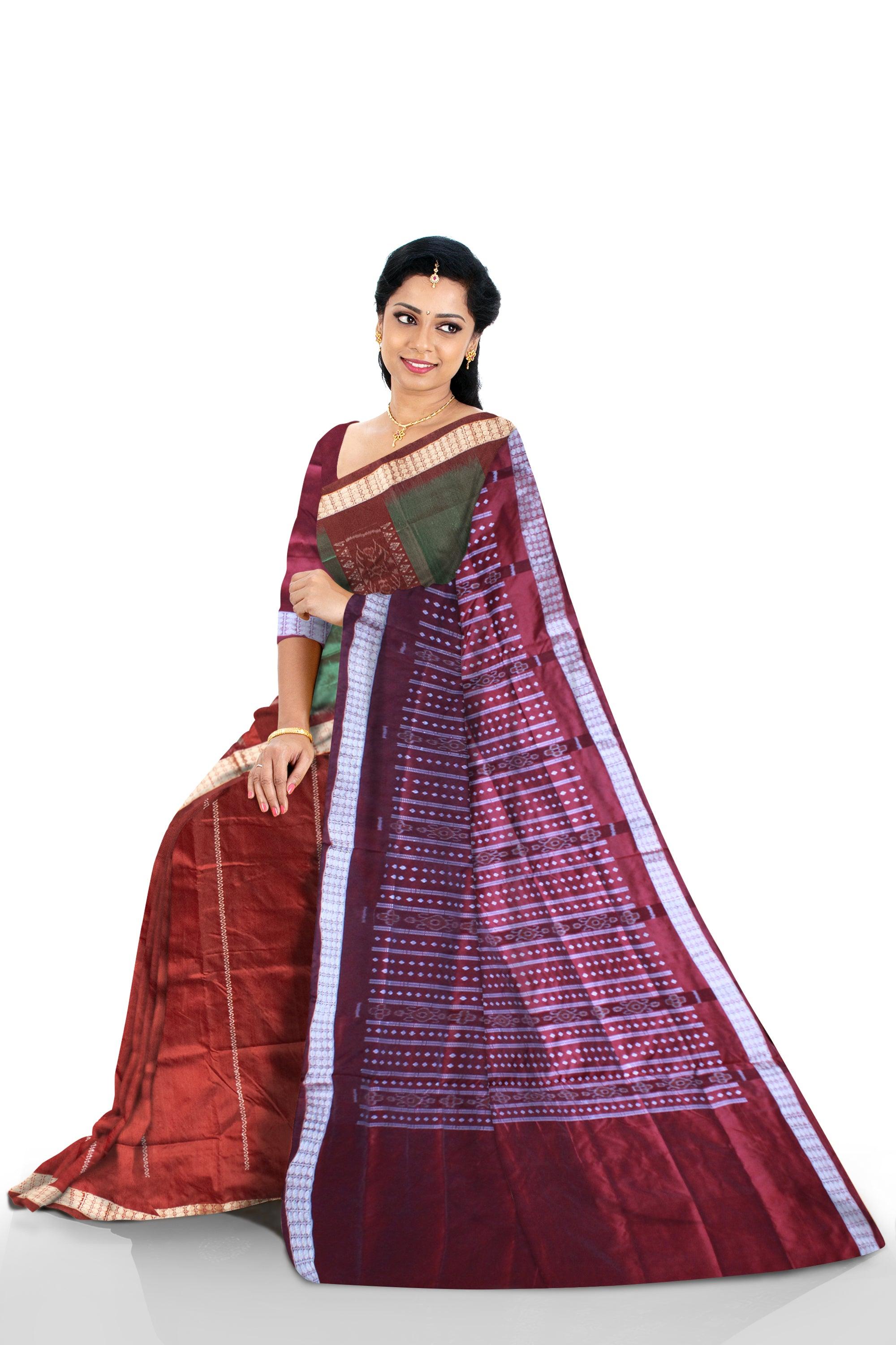 Patli Design Sambalpuri pata Saree in Green & Maroon color body in Bomkei Pattern & Flower Design(with Blouse Piece) - Koshali Arts & Crafts Enterprise