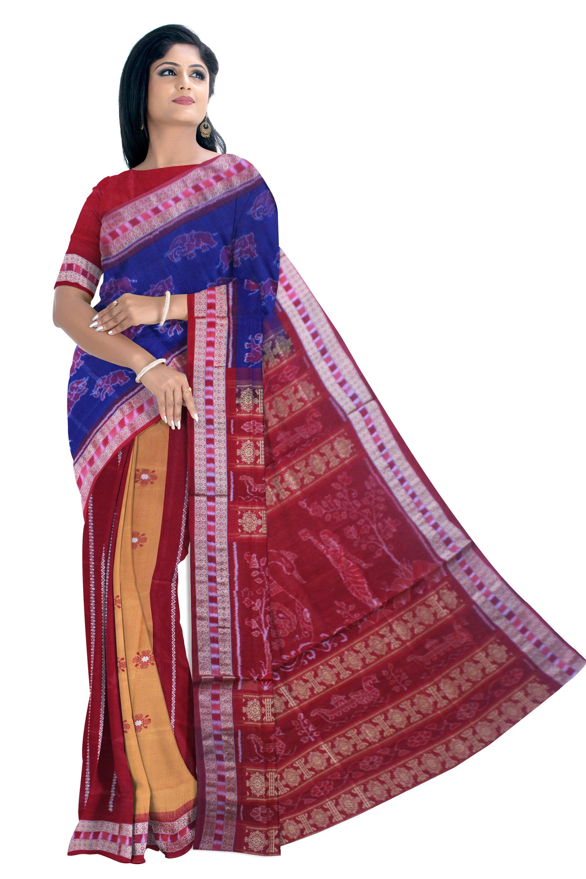 Exclusive Sonepur Cotton Saree in Blue, Yellow & Maroon color body in Bomkei Pattern & Patli Design(with Blouse Piece) - Koshali Arts & Crafts Enterprise