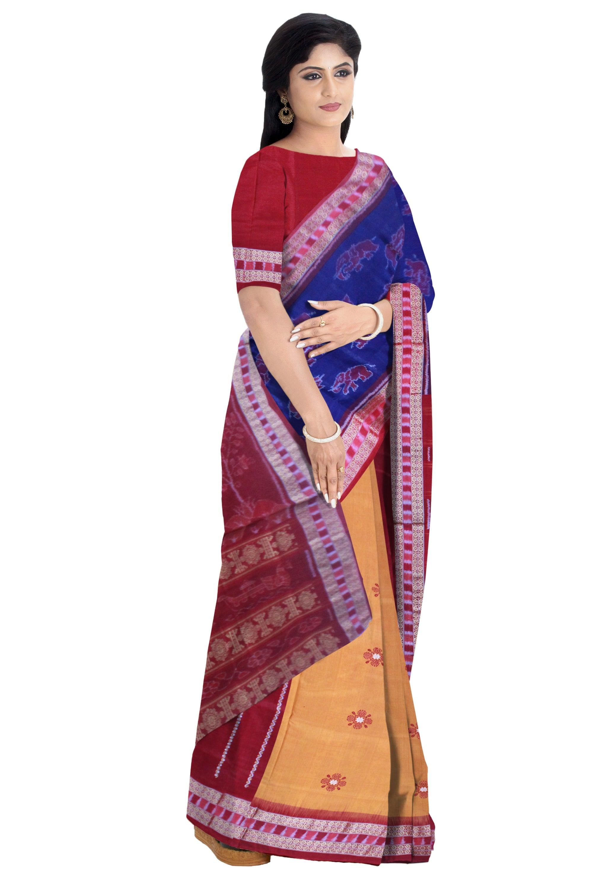 Exclusive Sonepur Cotton Saree in Blue, Yellow & Maroon color body in Bomkei Pattern & Patli Design(with Blouse Piece) - Koshali Arts & Crafts Enterprise