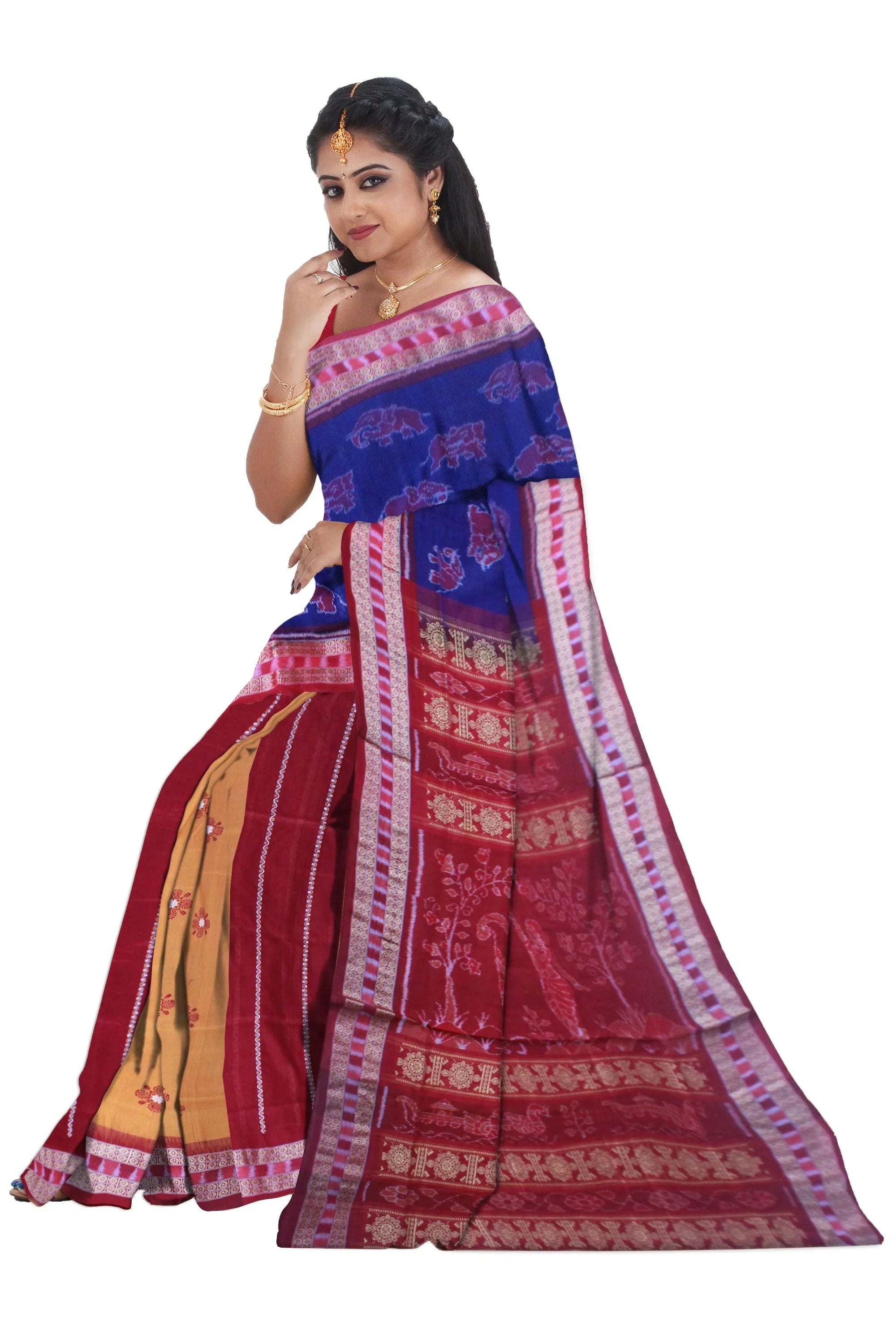 Exclusive Sonepur Cotton Saree in Blue, Yellow & Maroon color body in Bomkei Pattern & Patli Design(with Blouse Piece) - Koshali Arts & Crafts Enterprise