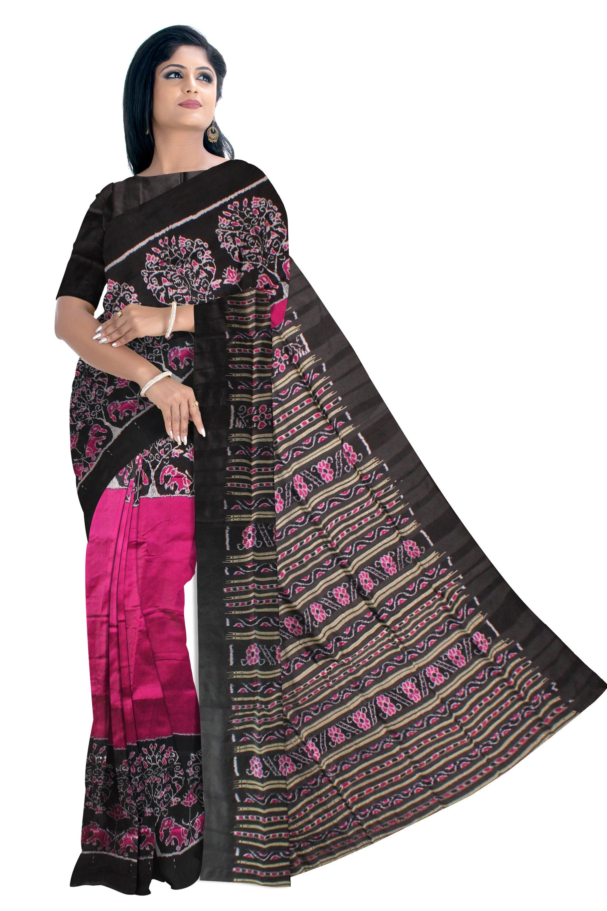 Latest Design Pink Color Sambalpuri Pata saree,Tree and Elephant Design in the Border - Koshali Arts & Crafts Enterprise