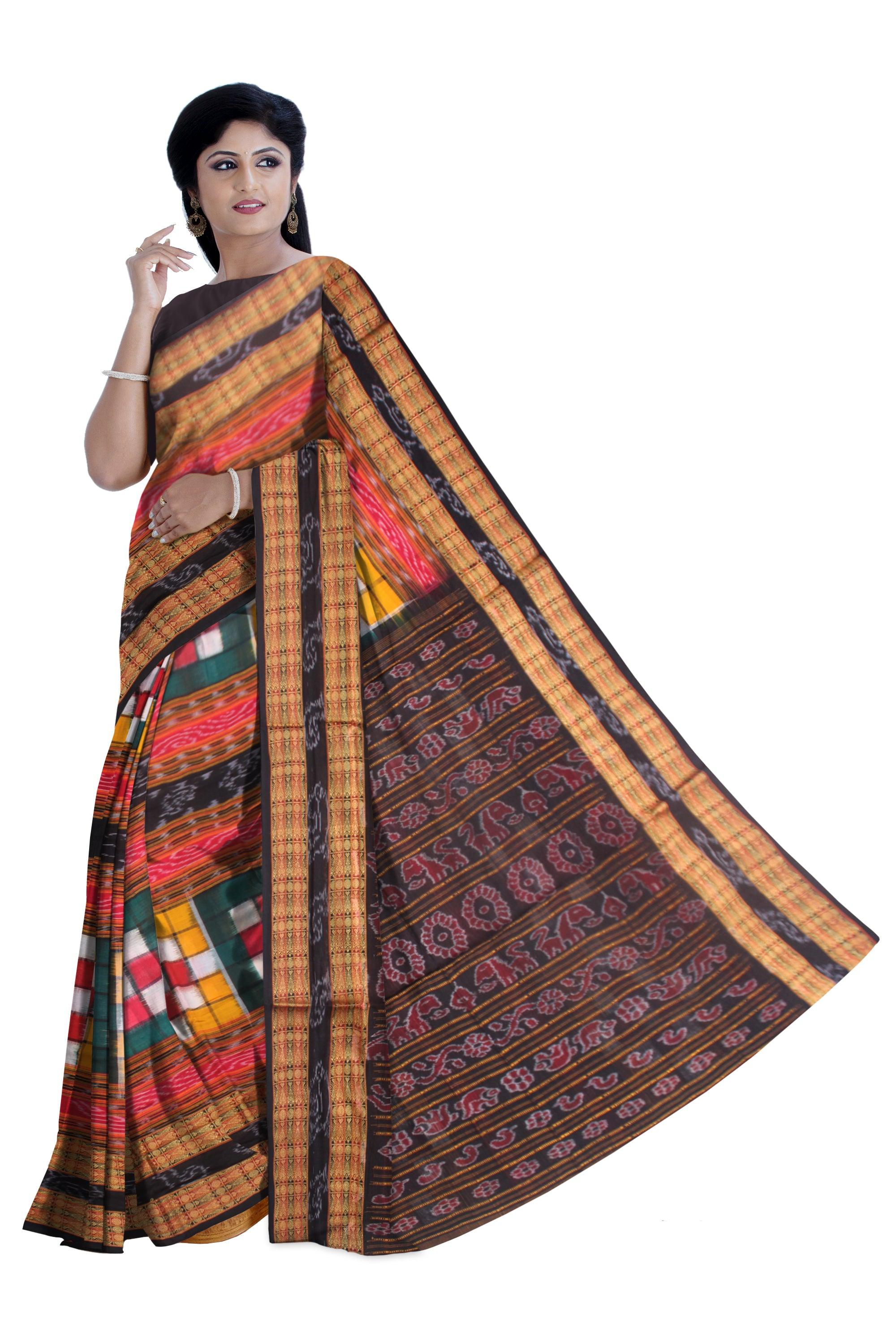TRADITIONAL BICHITRAPURI YELLOW AND GREEN SAPTA SONEPUR SAREE, WITH OUT BLOUSE PIECE. - Koshali Arts & Crafts Enterprise