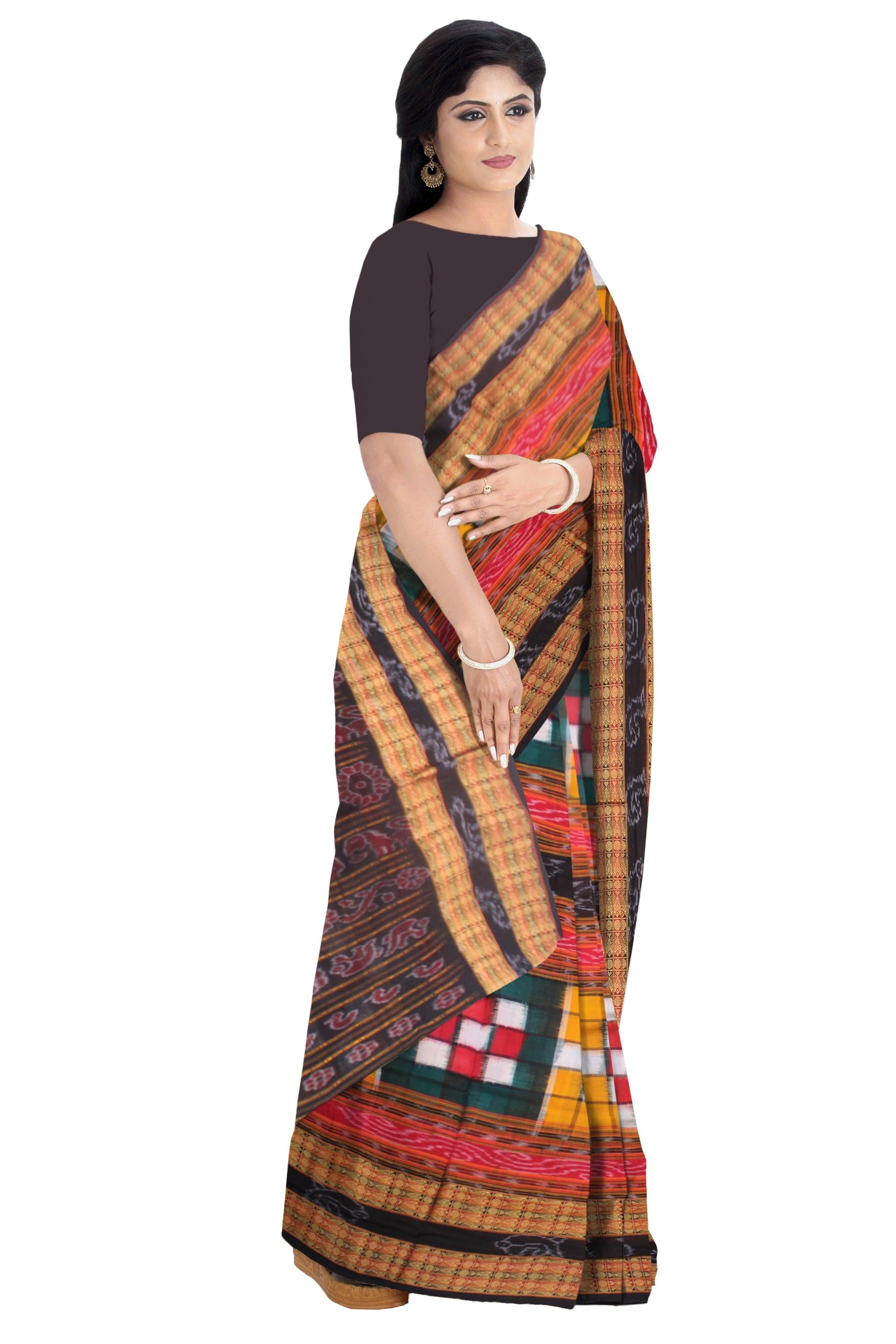 TRADITIONAL BICHITRAPURI YELLOW AND GREEN SAPTA SONEPUR SAREE, WITH OUT BLOUSE PIECE. - Koshali Arts & Crafts Enterprise