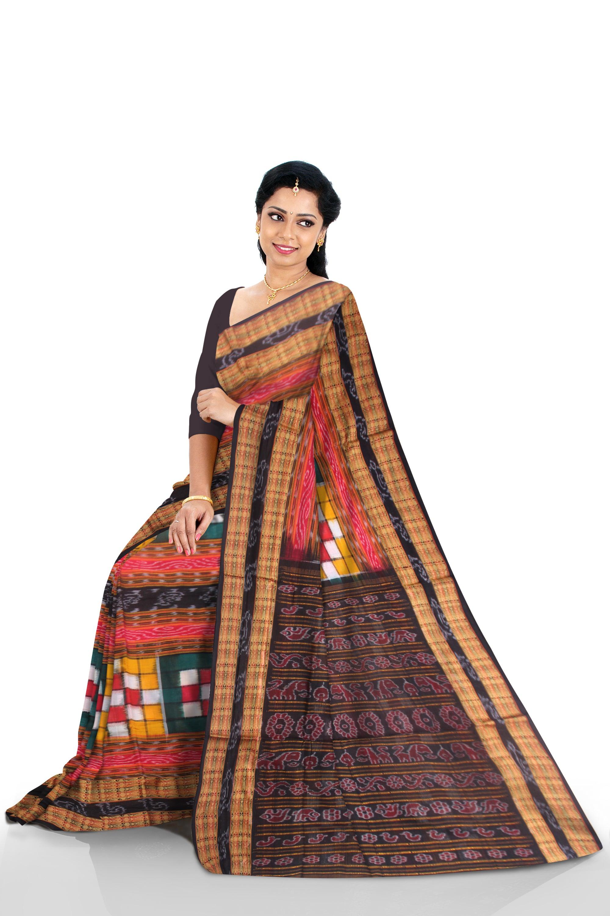 TRADITIONAL BICHITRAPURI YELLOW AND GREEN SAPTA SONEPUR SAREE, WITH OUT BLOUSE PIECE. - Koshali Arts & Crafts Enterprise