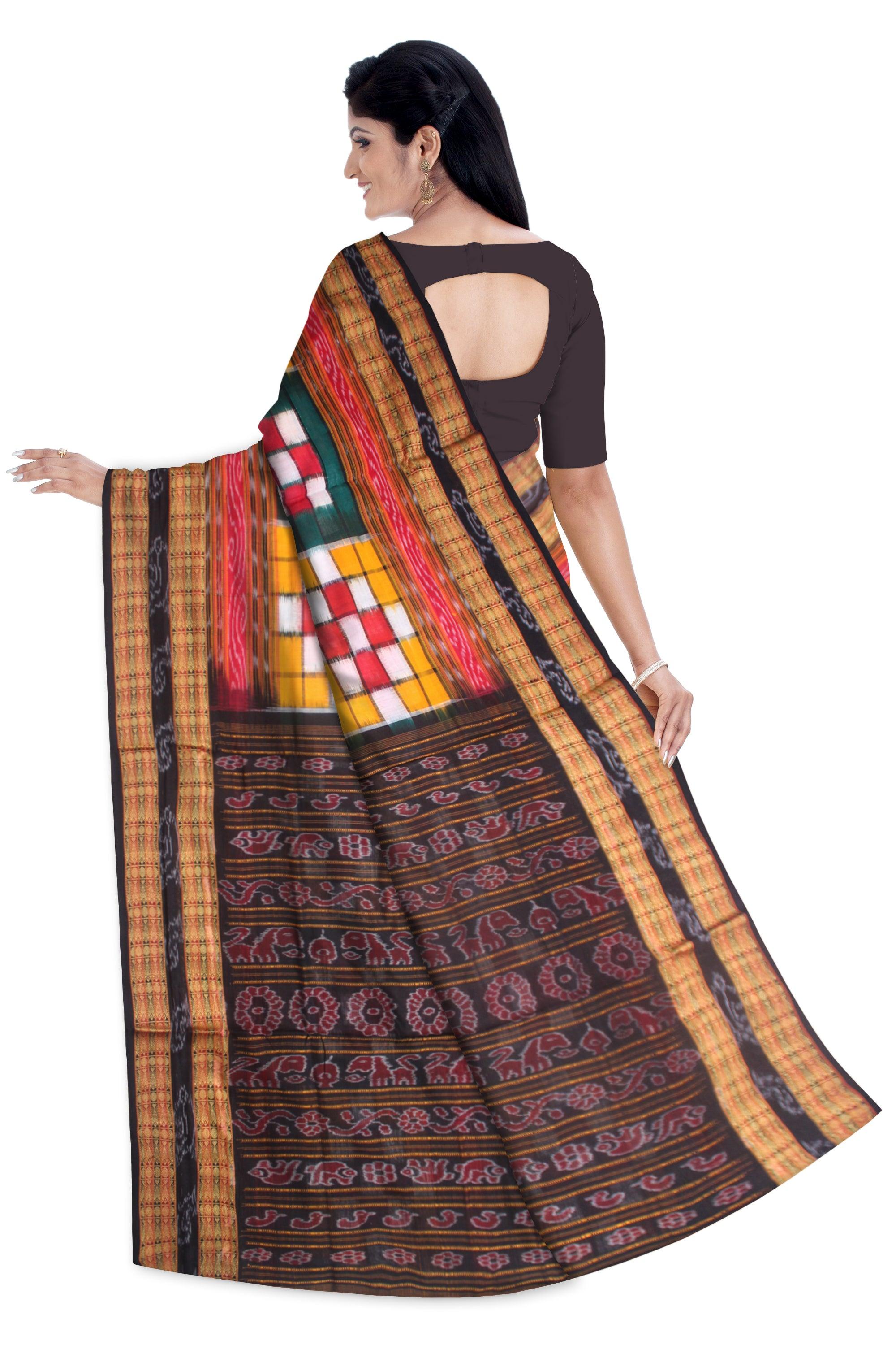 TRADITIONAL BICHITRAPURI YELLOW AND GREEN SAPTA SONEPUR SAREE, WITH OUT BLOUSE PIECE. - Koshali Arts & Crafts Enterprise