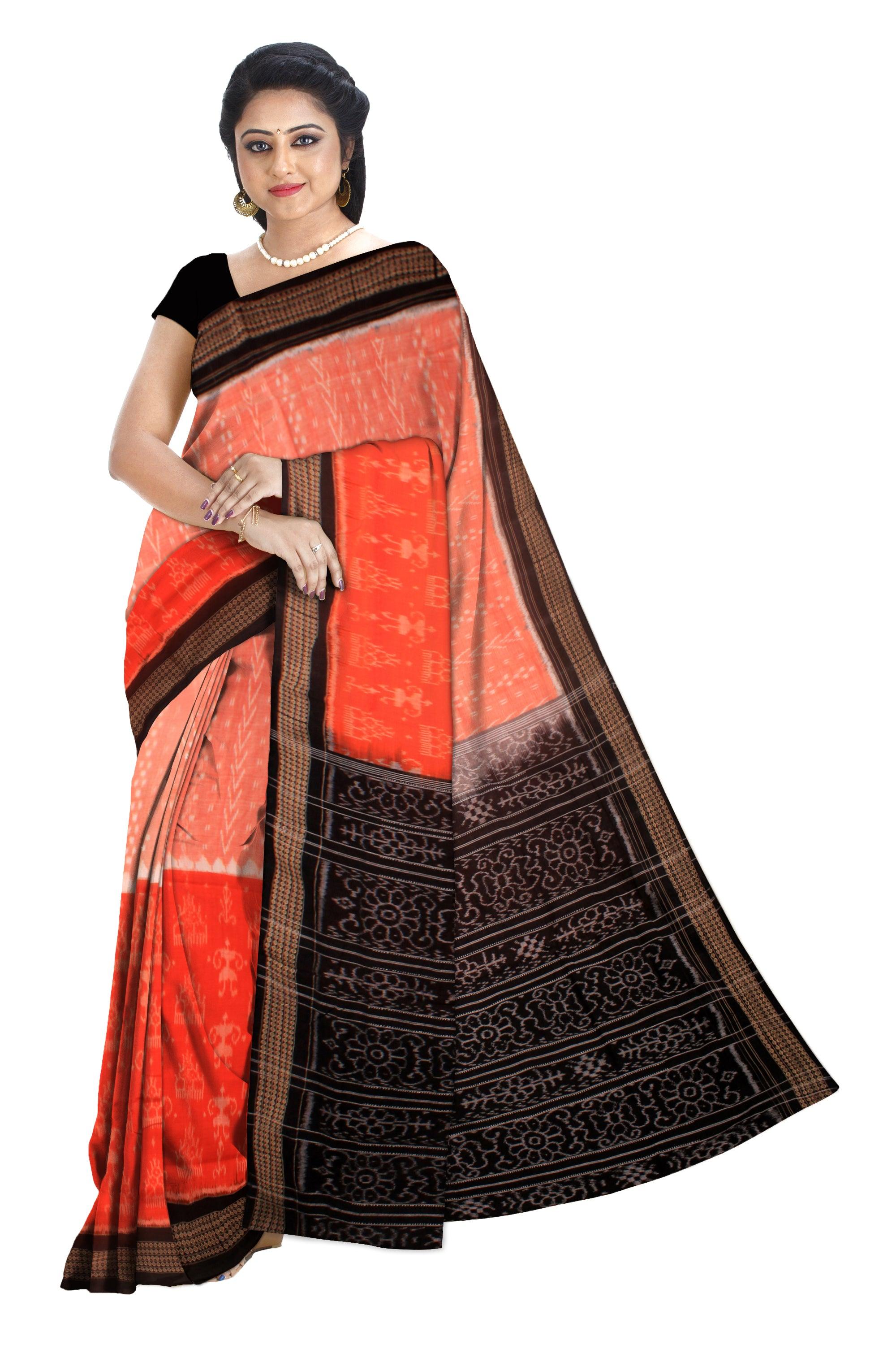 SONEPUR PURE COTTON SAREE IN ORANGE, TERRACOTTA AND BLACK COLOR, WITH OUT BLOUSE PIECE. - Koshali Arts & Crafts Enterprise