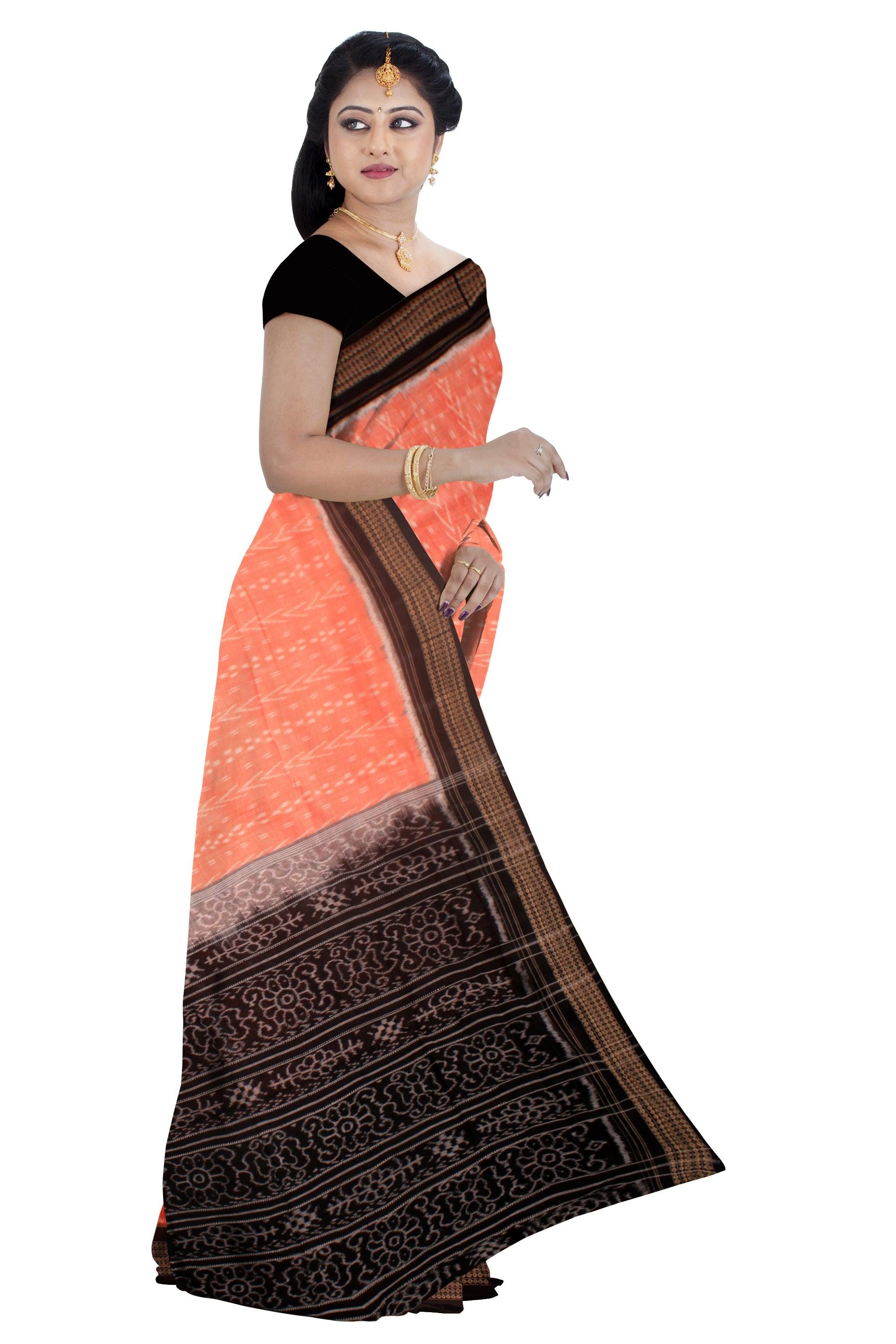 SONEPUR PURE COTTON SAREE IN ORANGE, TERRACOTTA AND BLACK COLOR, WITH OUT BLOUSE PIECE. - Koshali Arts & Crafts Enterprise
