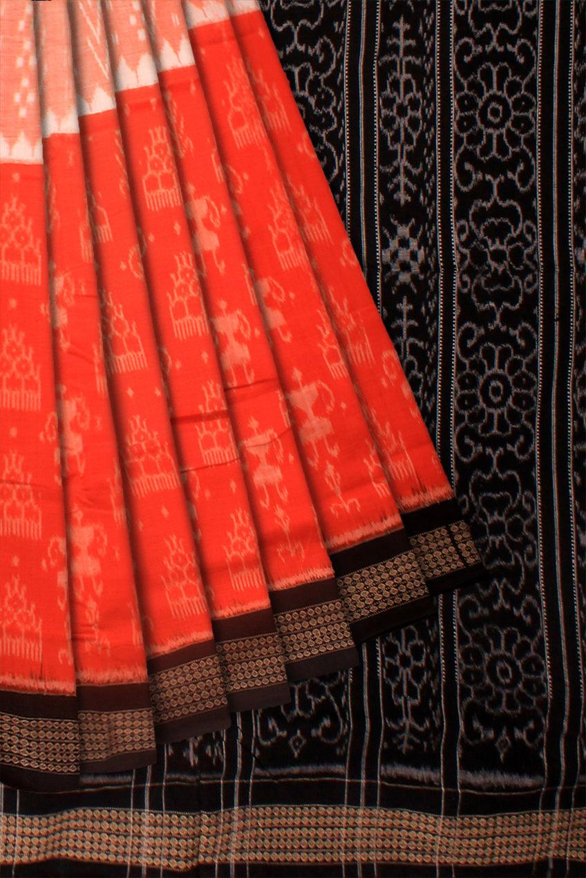 SONEPUR PURE COTTON SAREE IN ORANGE, TERRACOTTA AND BLACK COLOR, WITH OUT BLOUSE PIECE. - Koshali Arts & Crafts Enterprise