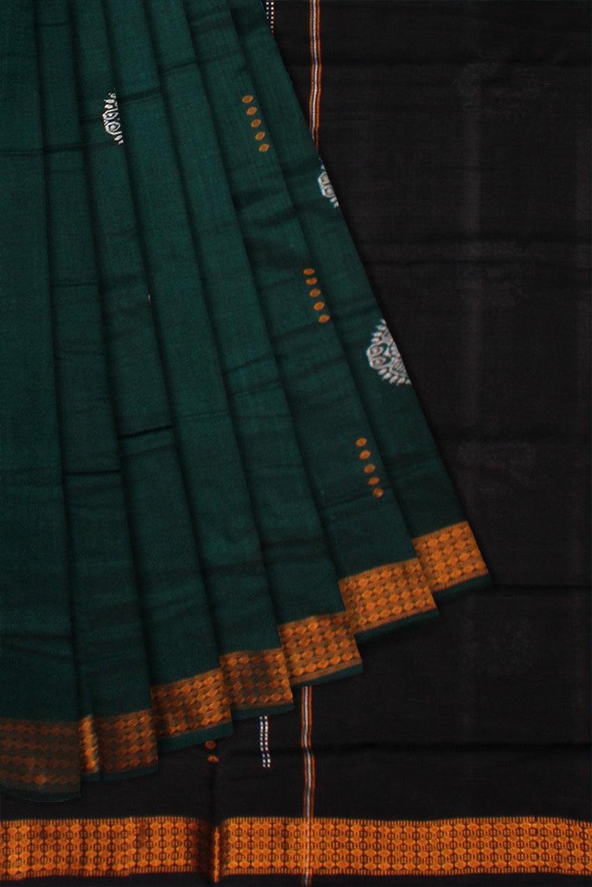 BOMKEI PATTERN DARK GREEN COTTON SAREE , WITH OUT BLOUSE PIECE. - Koshali Arts & Crafts Enterprise
