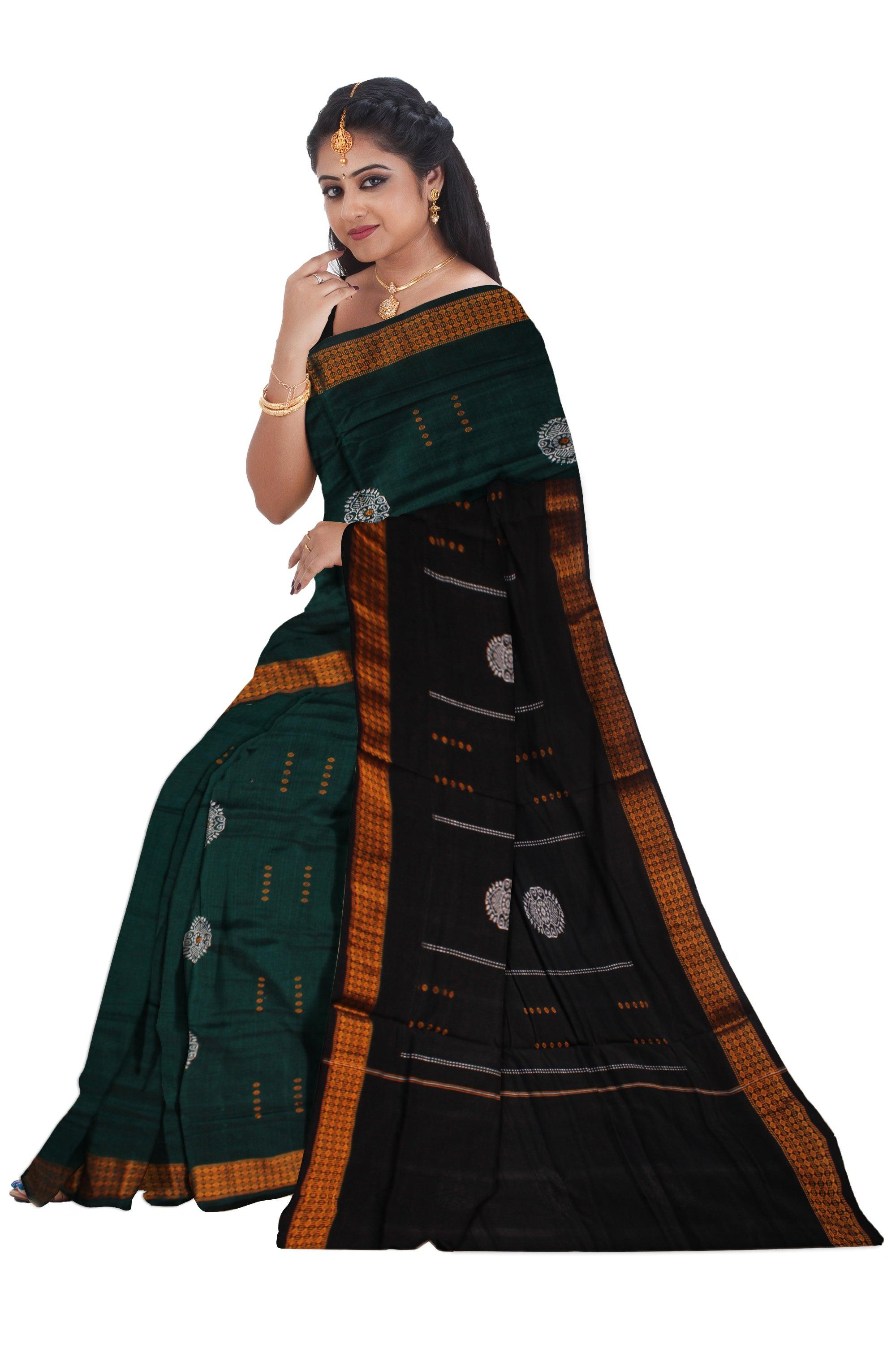 BOMKEI PATTERN DARK GREEN COTTON SAREE , WITH OUT BLOUSE PIECE. - Koshali Arts & Crafts Enterprise