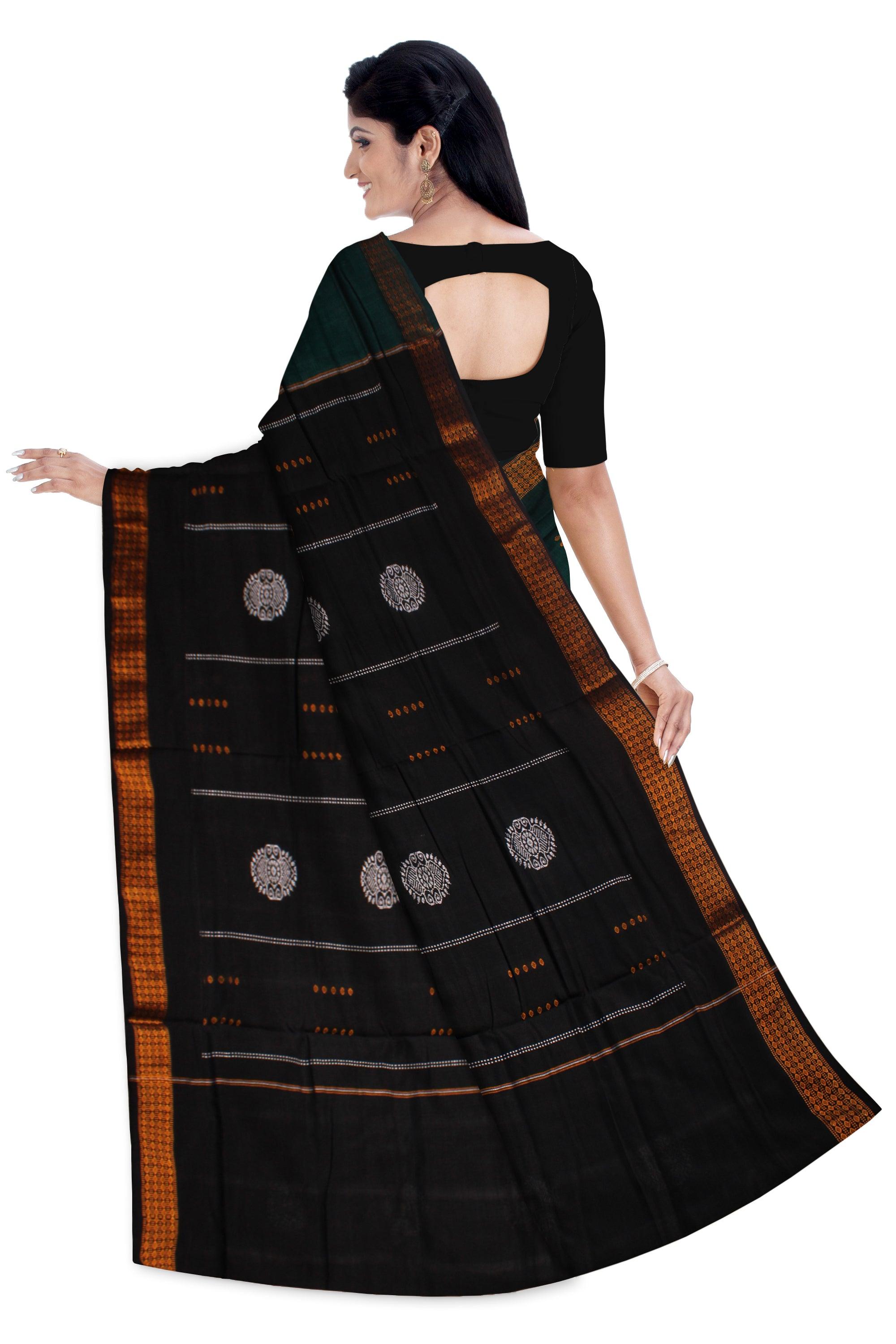 BOMKEI PATTERN DARK GREEN COTTON SAREE , WITH OUT BLOUSE PIECE. - Koshali Arts & Crafts Enterprise