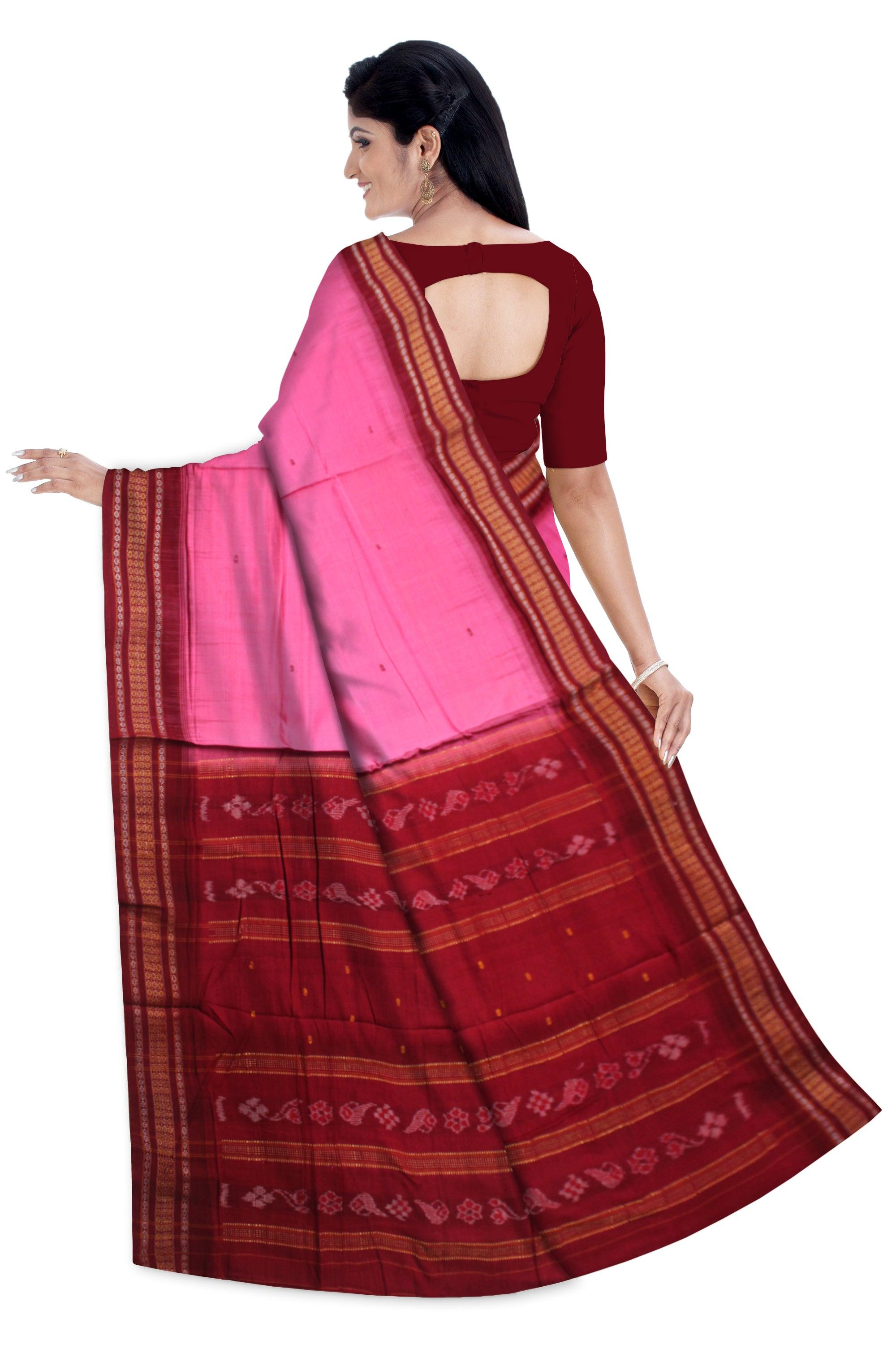 A SMALL BOOTY PATTERN COTTON SAREE IS PINK AND MAROON COLOR BASE, WITHOUT BLOUSE PIECE. - Koshali Arts & Crafts Enterprise