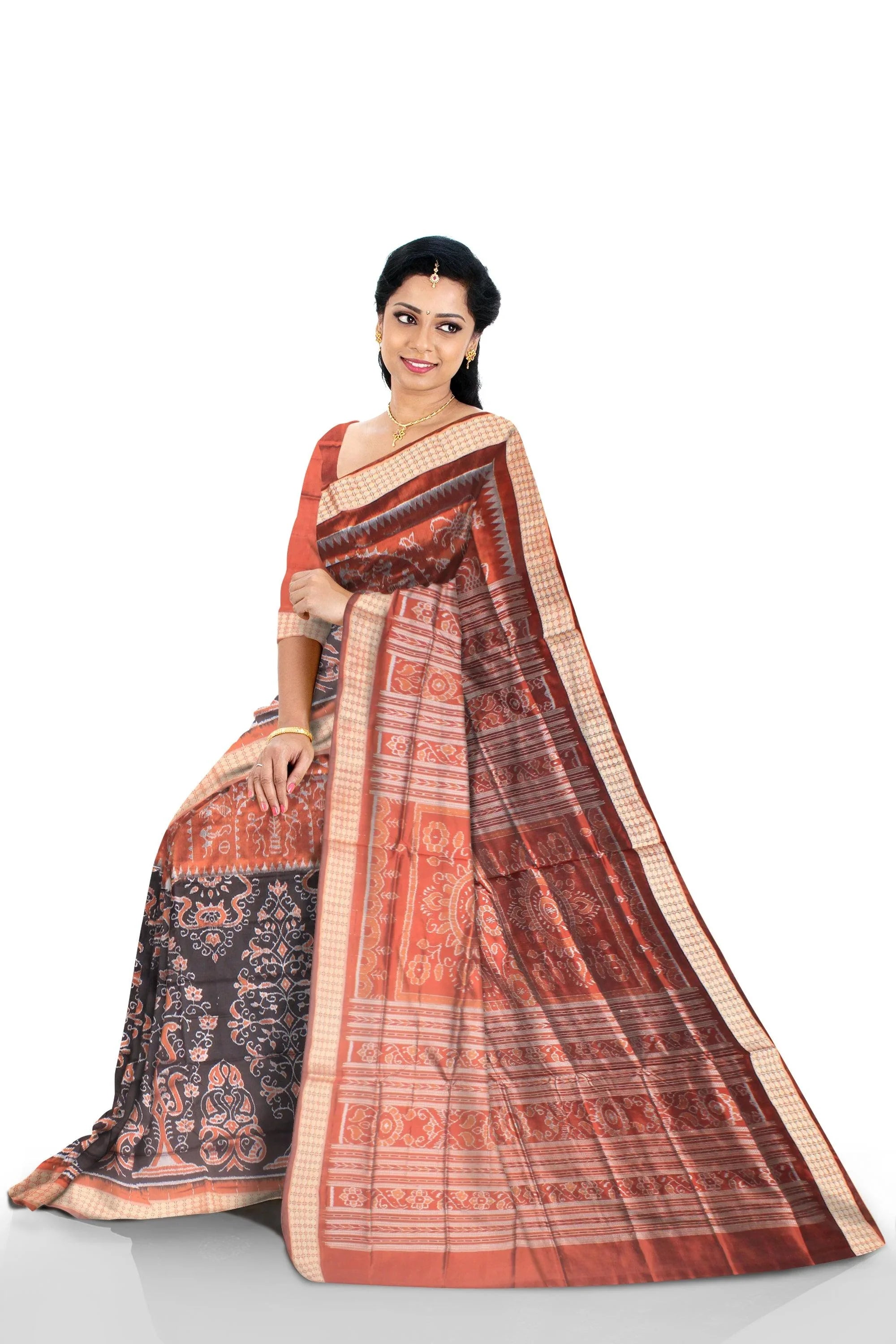 Beautiful design Original Silk saree in Brown and Coffee color with blouse piece. - Koshali Arts & Crafts Enterprise