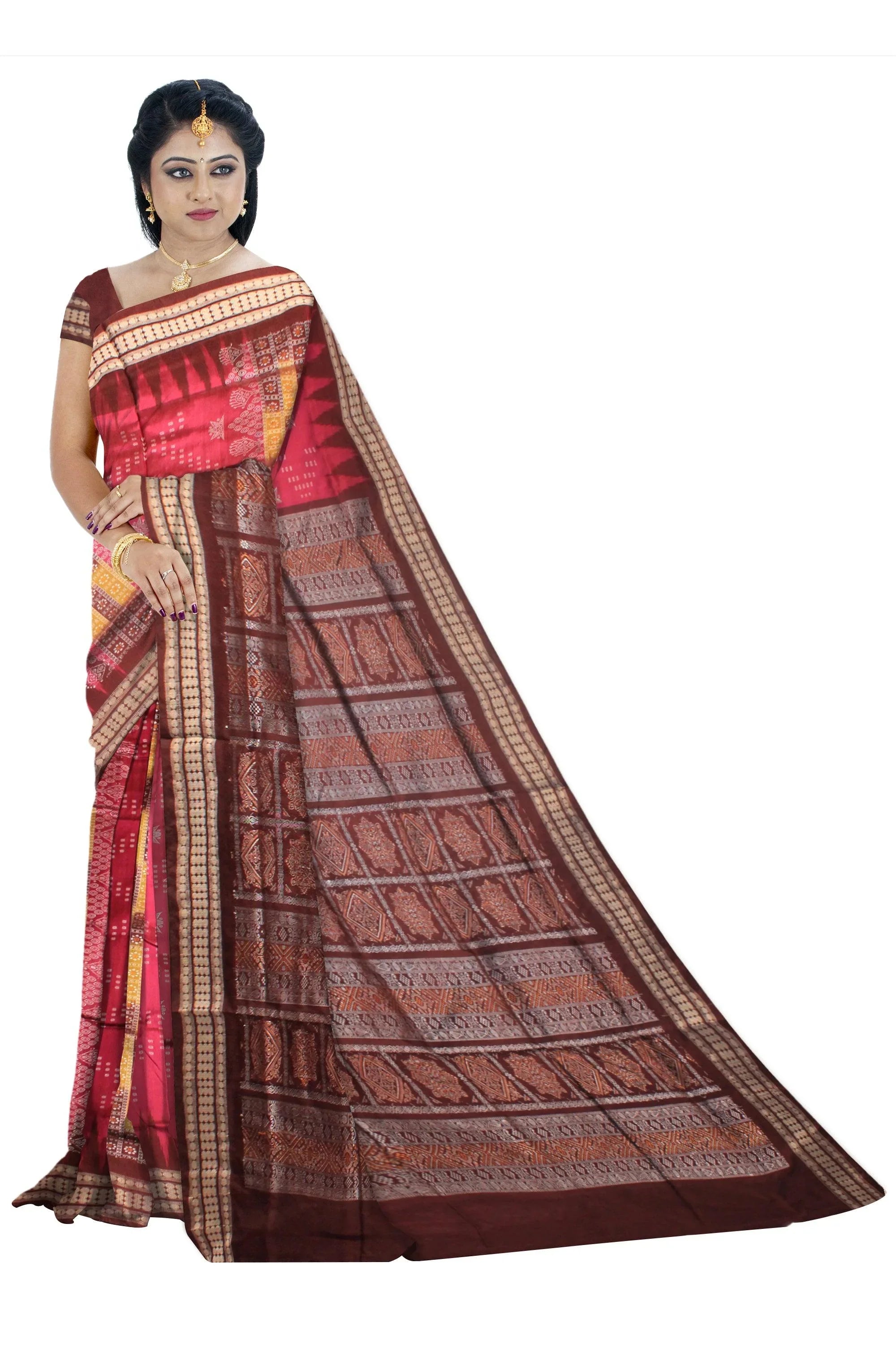 BOMKEI PATA SAREE IN DESIGN DEEP CORAL AND BROWN COLOR SAREE. - Koshali Arts & Crafts Enterprise