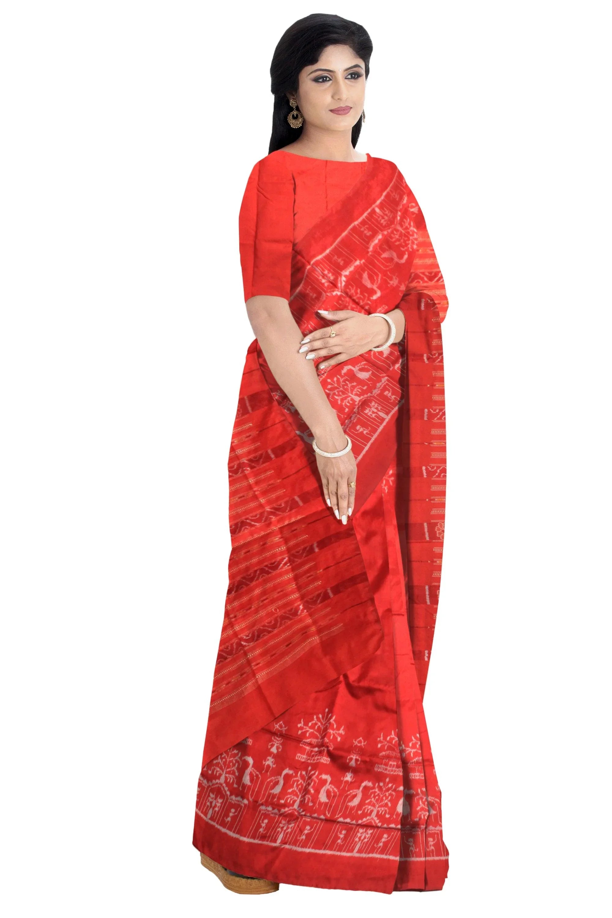 Red color Sambalpuri pata terracotta and tree design saree. - Koshali Arts & Crafts Enterprise