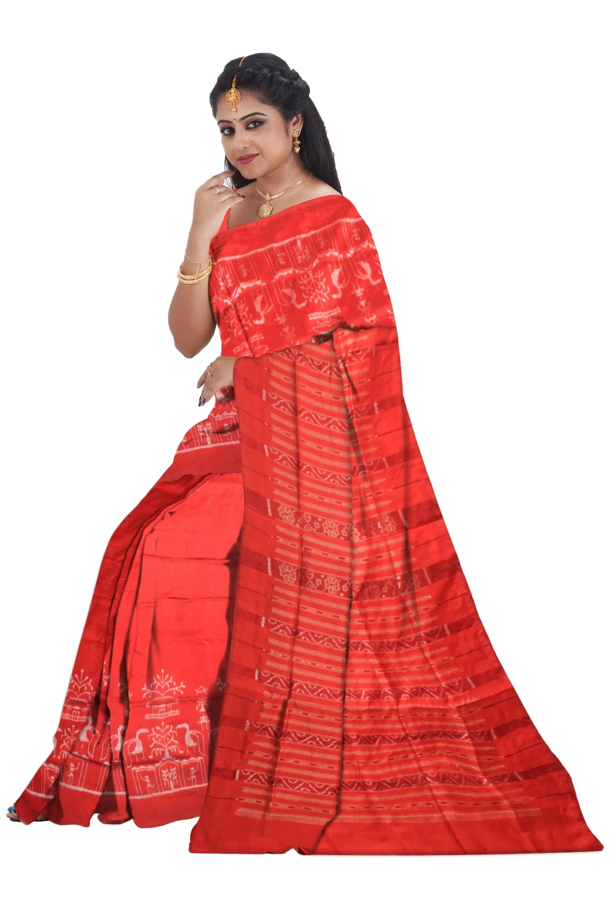 Red color Sambalpuri pata terracotta and tree design saree. - Koshali Arts & Crafts Enterprise