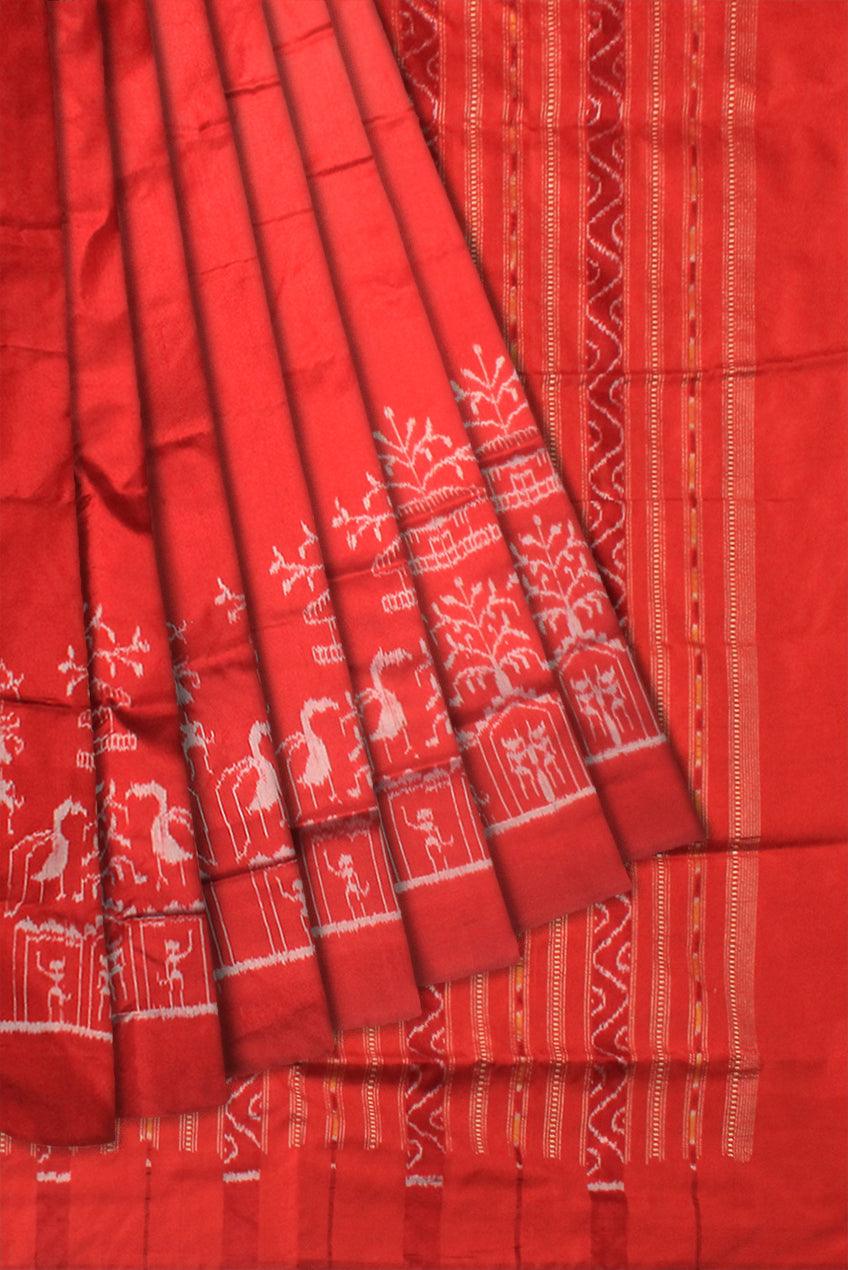 RED COLOR SAMBALPURI PATA TERRACOTTA AND TREE DESIGNE SAREE WITH BLOUSE PIECE. - Koshali Arts & Crafts Enterprise